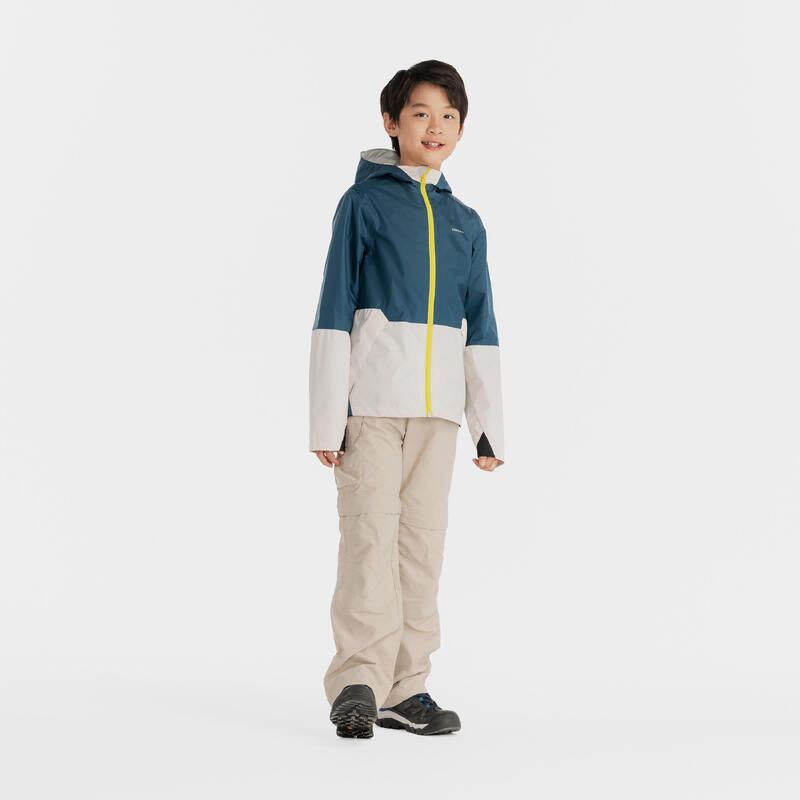7-15 歲兒童防水登山健行外套－藍綠色及米色