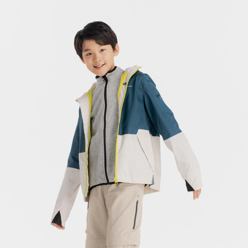 Kids’ Waterproof Hiking Jacket - MH500 - Turquoise and Beige - age 7-15 years