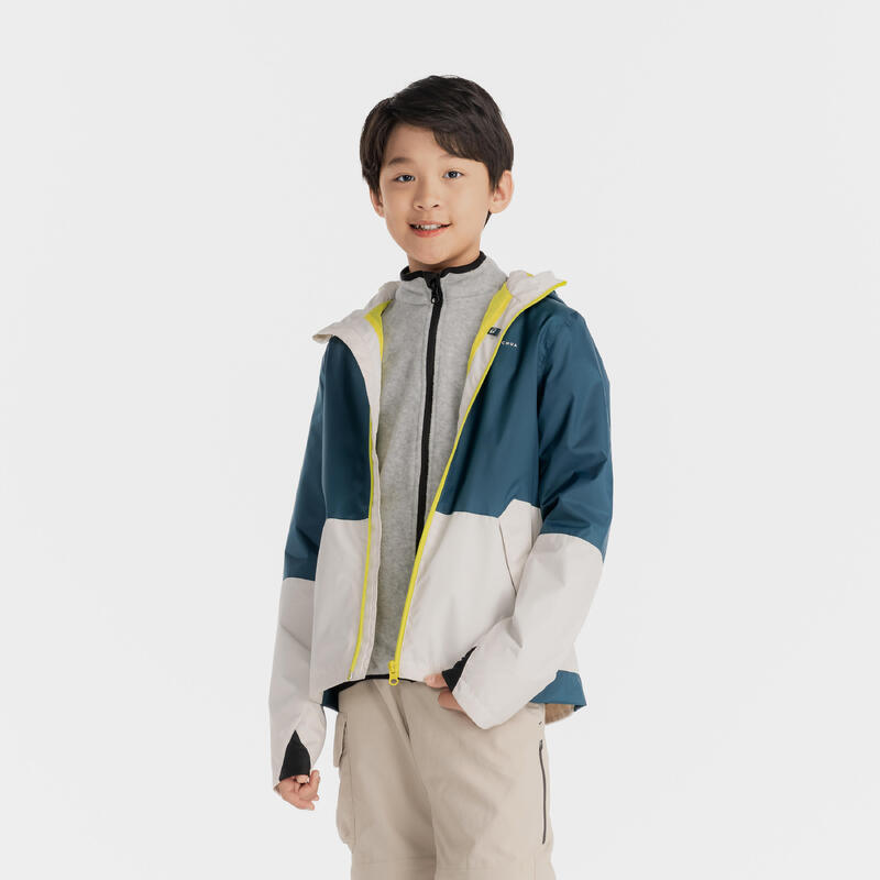 7-15 歲兒童防水登山健行外套－藍綠色及米色