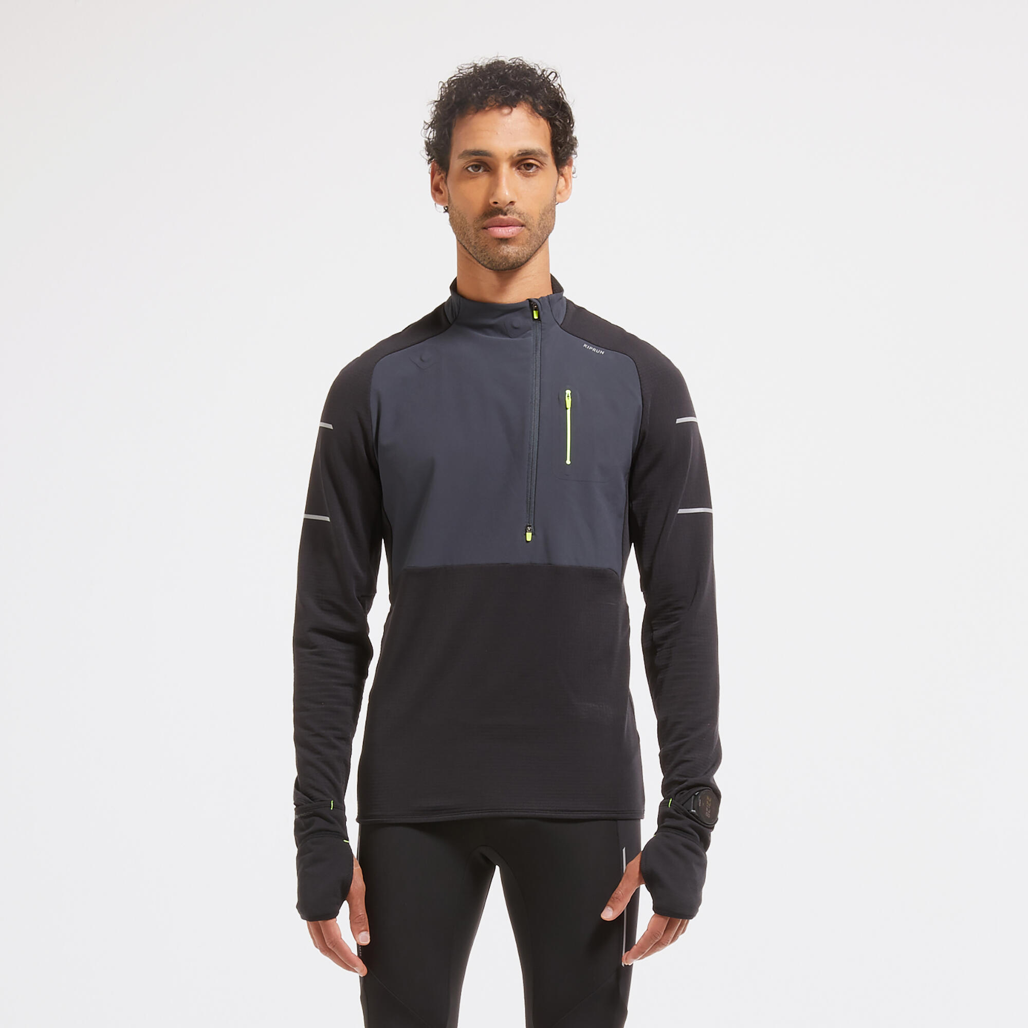 Decathlon | Maglia manica lunga running uomo WARM REGUL nero-grigio-giallo |  Kiprun