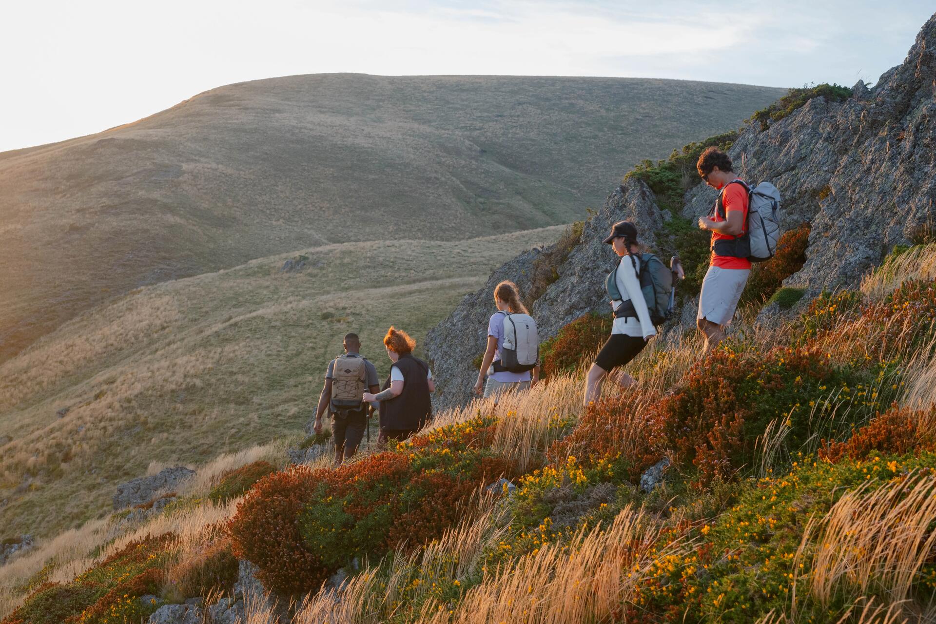 Kobiety i mężczyźni wędrujący po górach w wygodnej odzieży i butach trekkingowych