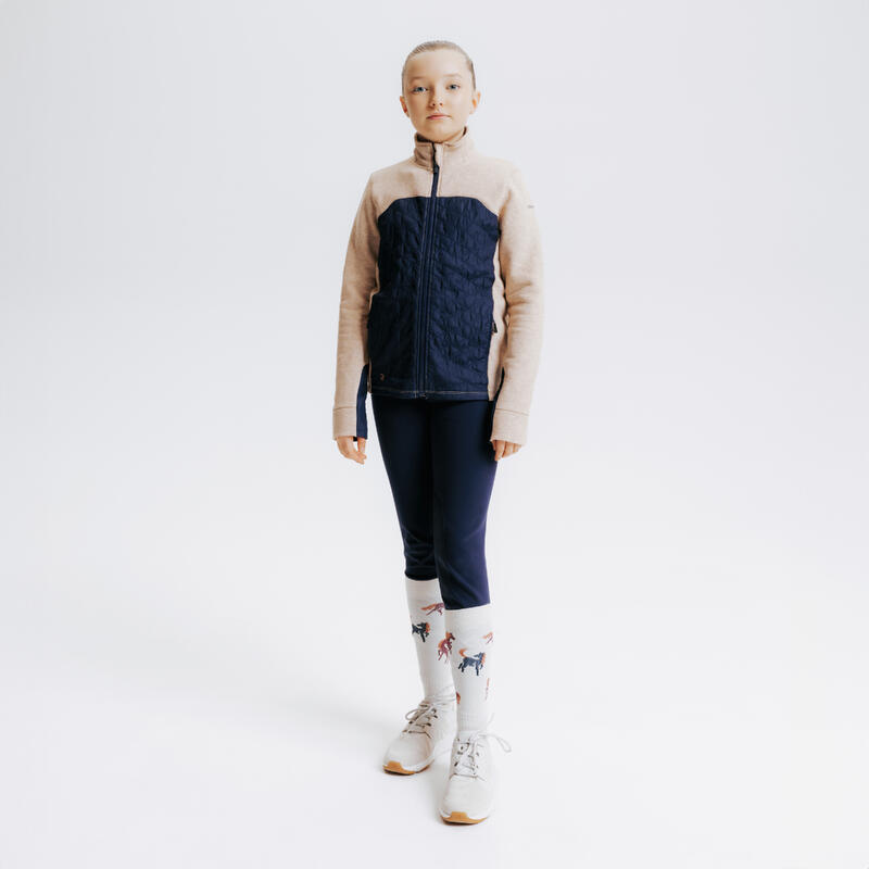 Sweater voor paardrijden kinderen 500 bi-material rits marineblauw beige