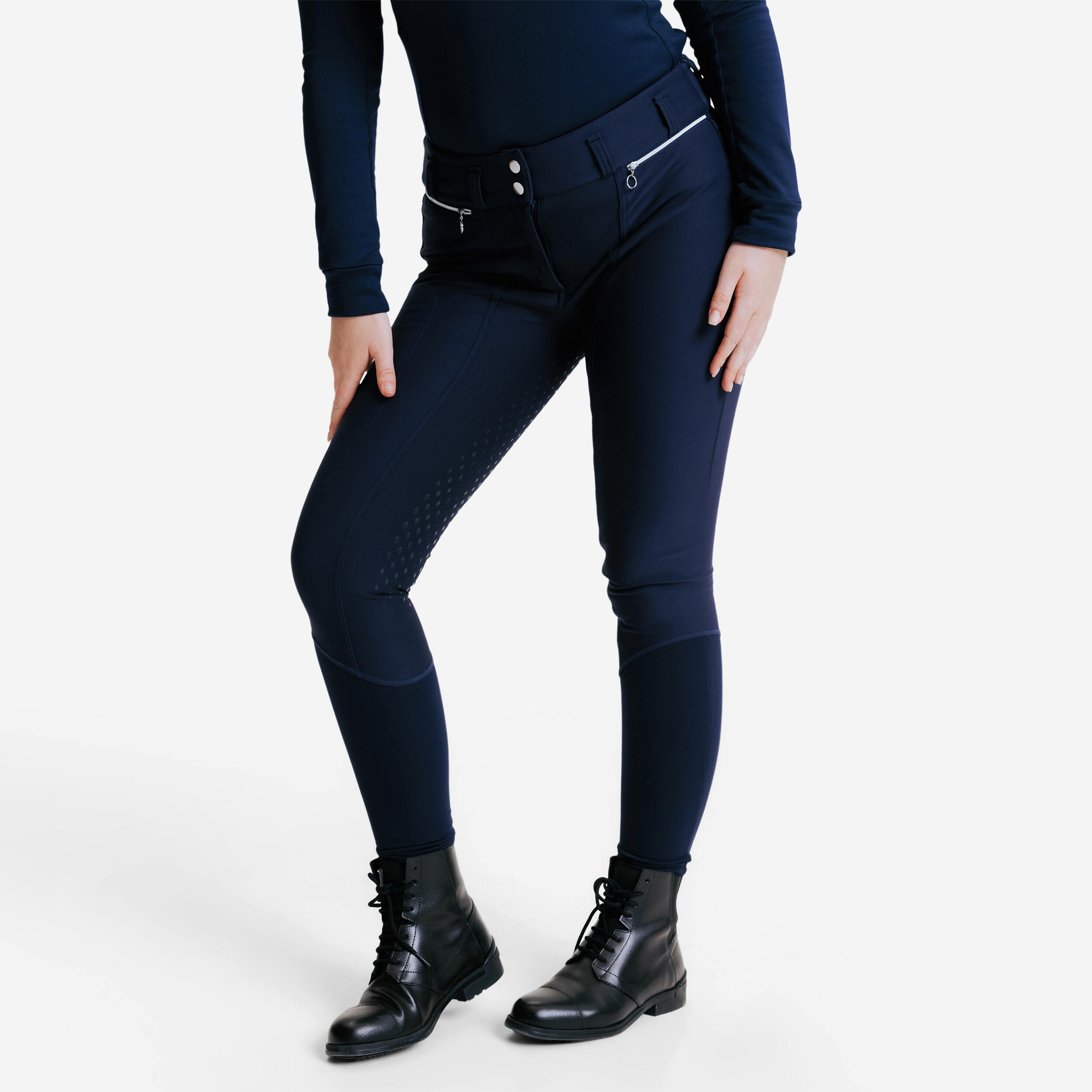 FOUGANZA Dámske jazdecké nohavice - rajtky 900 hrejivé full grip tmavomodré S