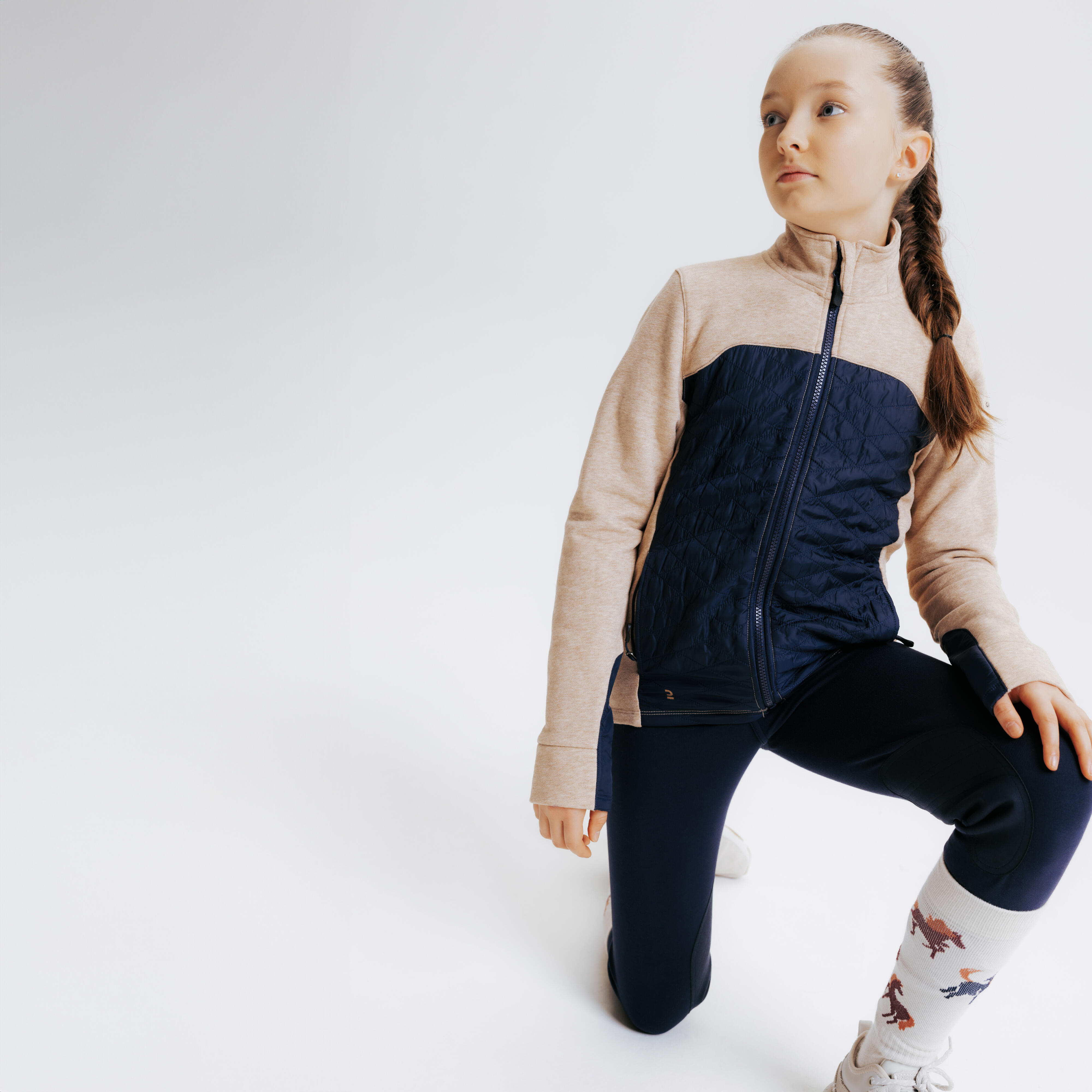 Kids Horse Riding Mixed Media Zipped Sweatshirt 500 Blue Beige