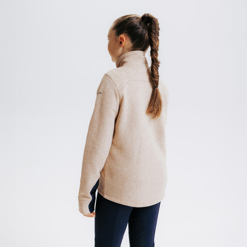 Sweat équitation bi-matière zippé Enfant - 500 marine et beige nougat