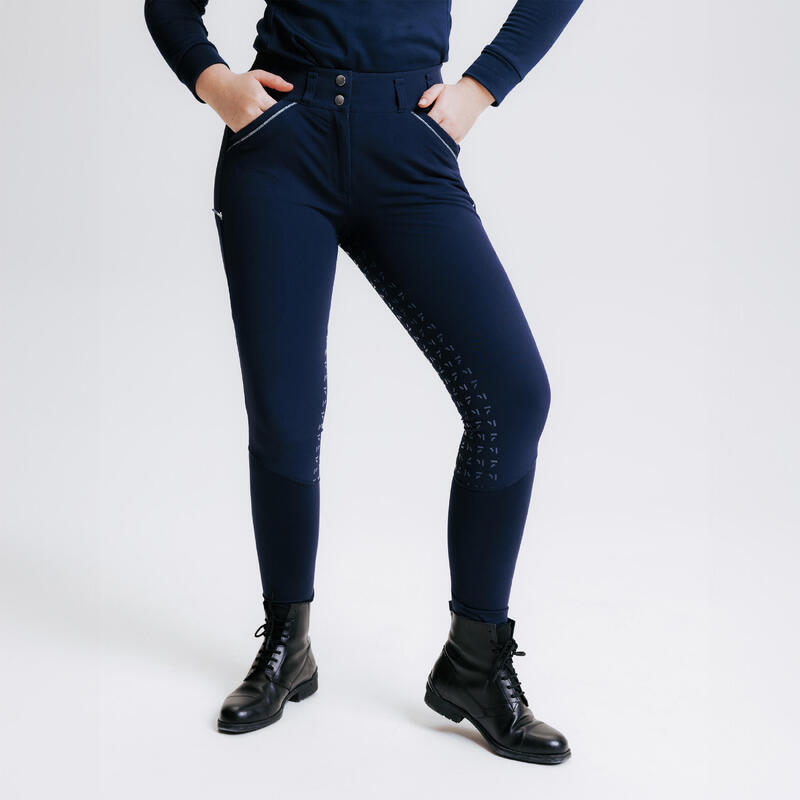 Pantaloni equitazione donna 900 FULL GRIP blu
