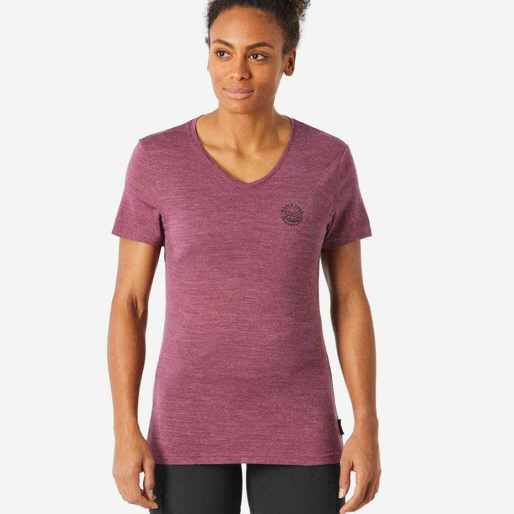 T-shirt de trek voyage manches courtes laine mérinos Femme - TRAVEL 500