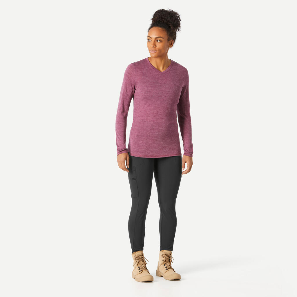 Playera de trekking de viaje de lana merina para mujer Travel 500 