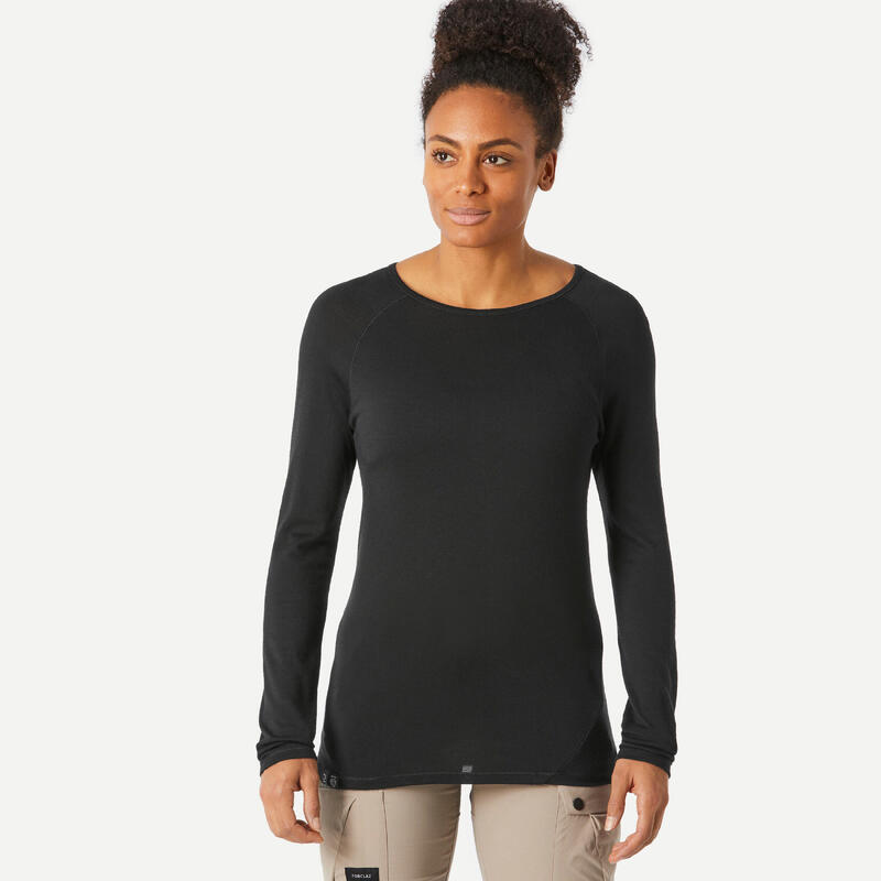 T-shirt manches longues laine mérinos de trek montagne - TREK 500 gris femme