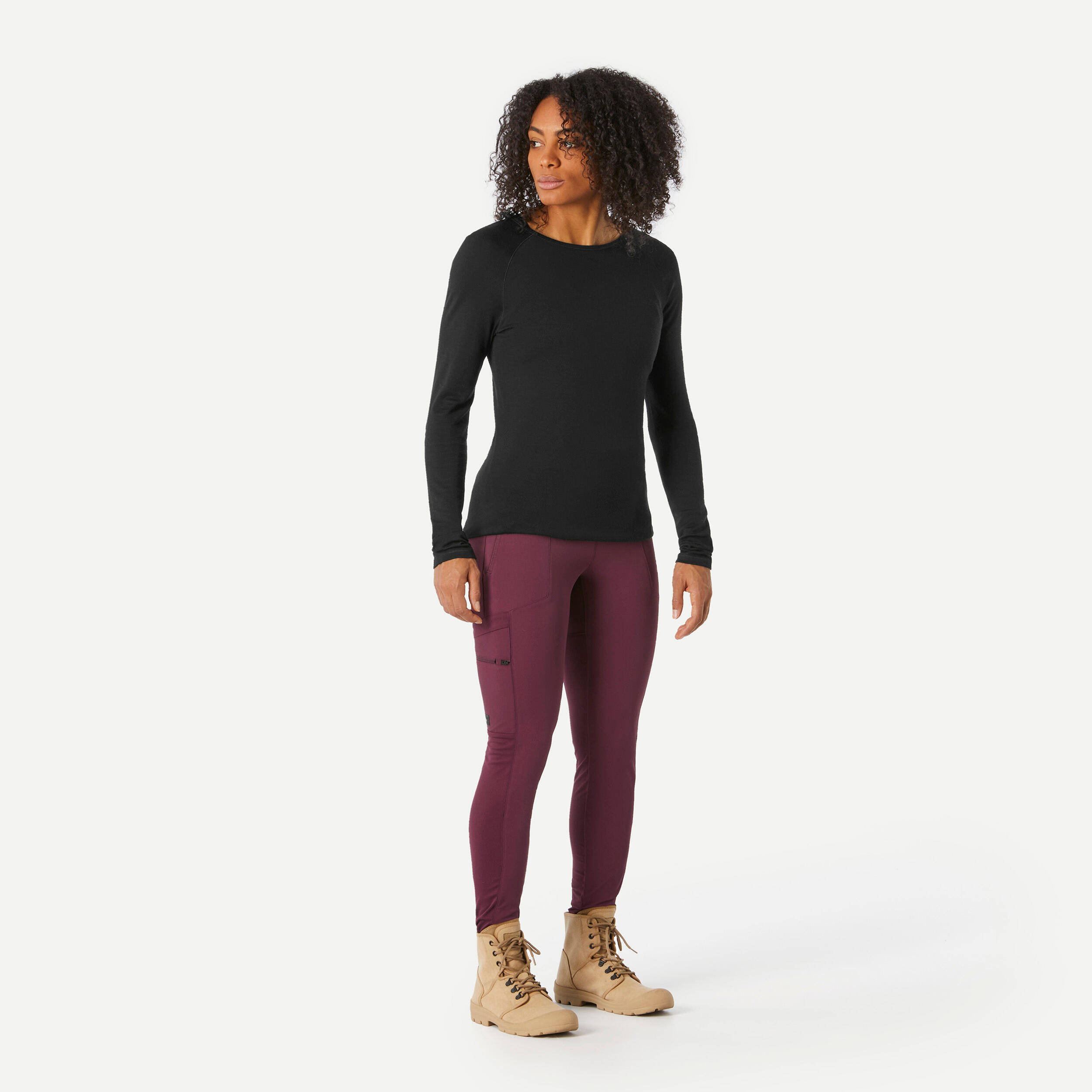Women Stretchable Leggings with Pockets Chocolate - Travel 500 -  2