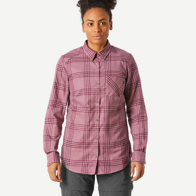 Camisa de cuadros de montaña y trekking manga larga Mujer Forclaz Travel 100
