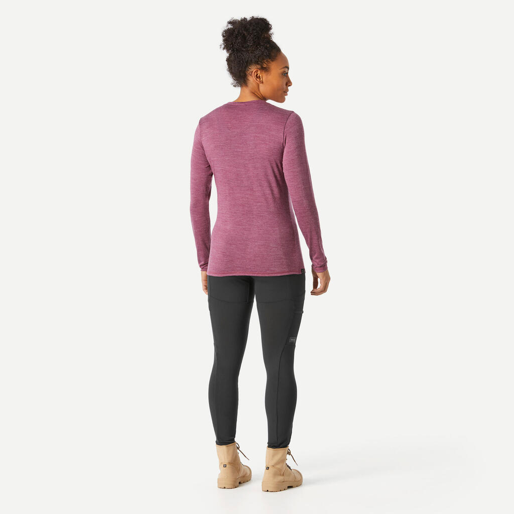 Playera de trekking de viaje de lana merina para mujer Travel 500 