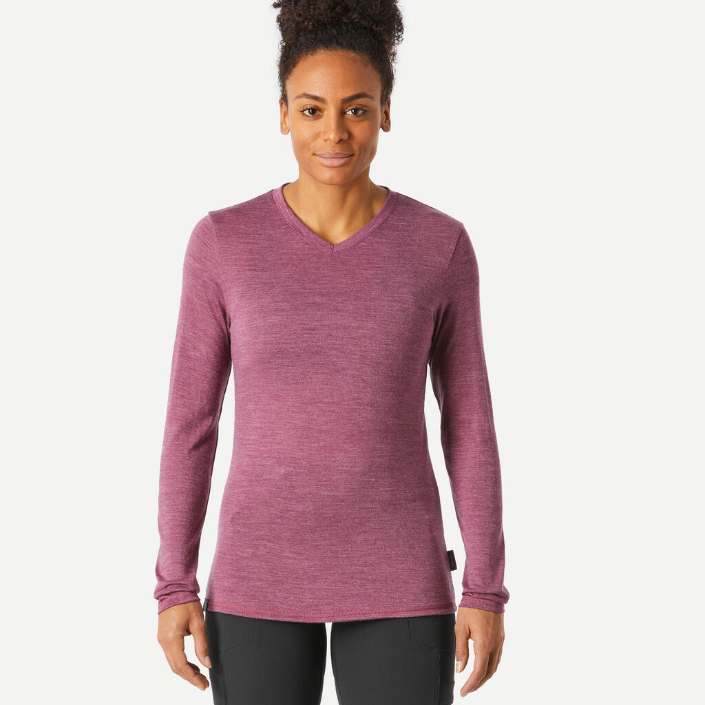 Playera de trekking de viaje de lana merina para mujer Travel 500 