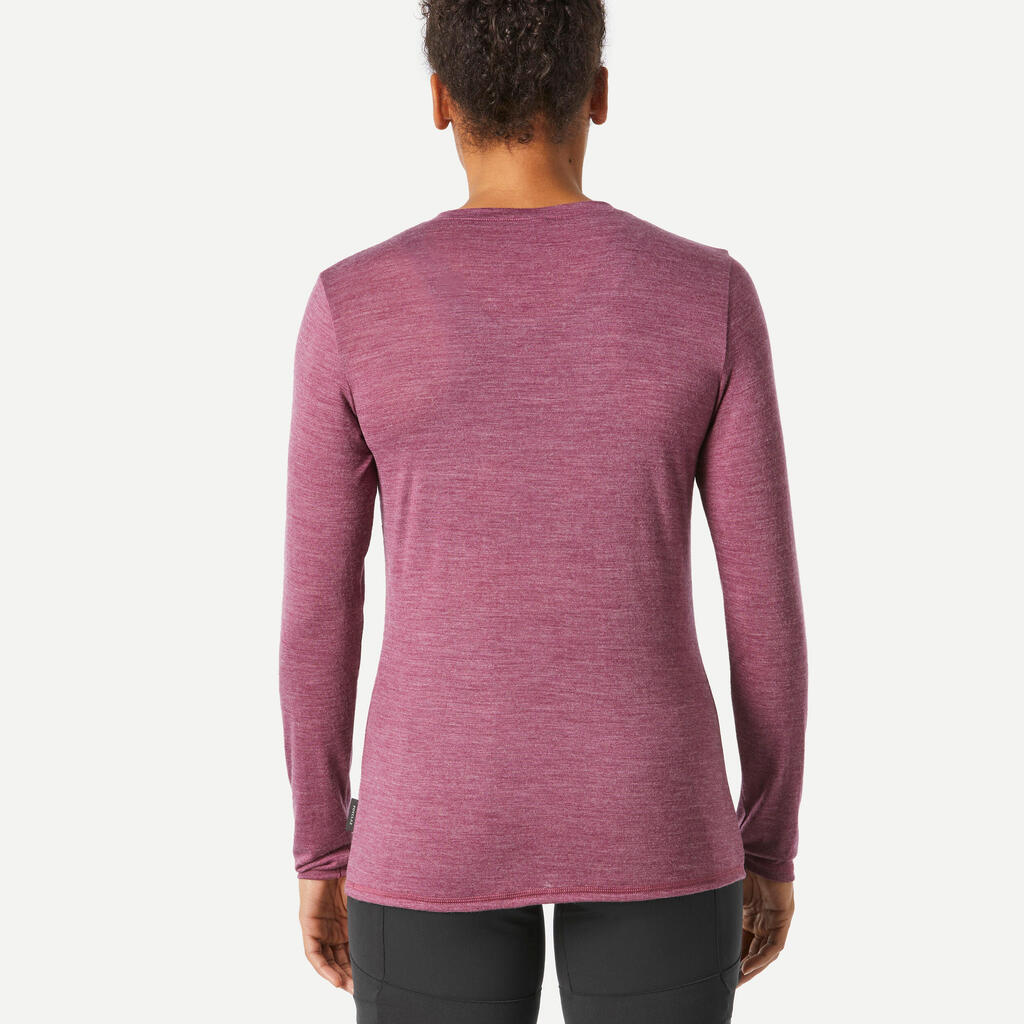 Playera de trekking de viaje de lana merina para mujer Travel 500 