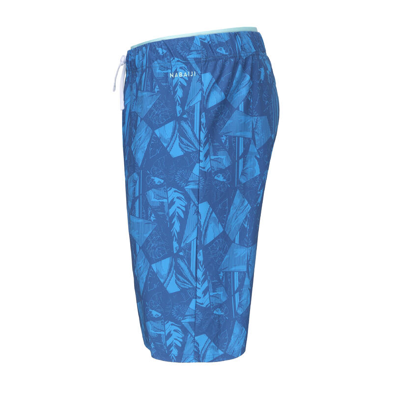 男款長版泳褲 100 藍色幾何圖案