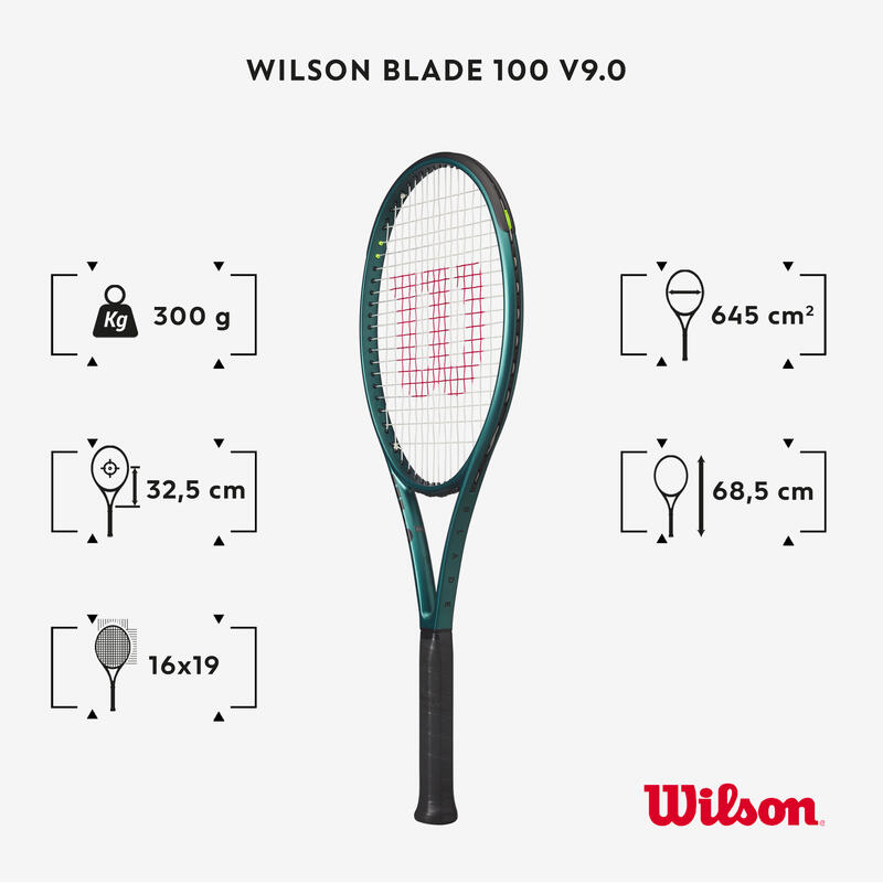 Raquette de tennis Adulte - WILSON BLADE 100 V9 vert foncé 300g non cordée