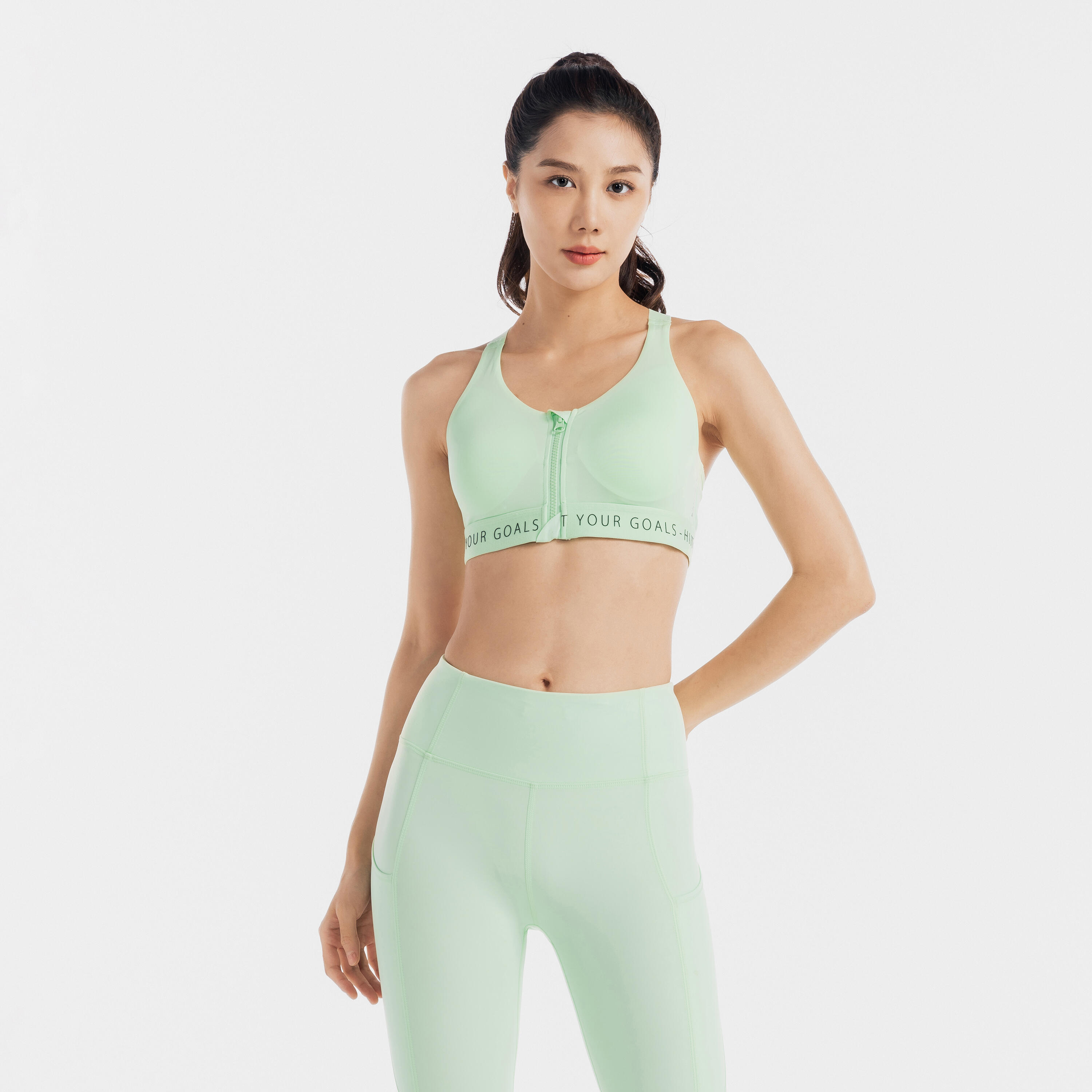 Women Sports Bra, Padded with Zip Detailing, High Support - Green