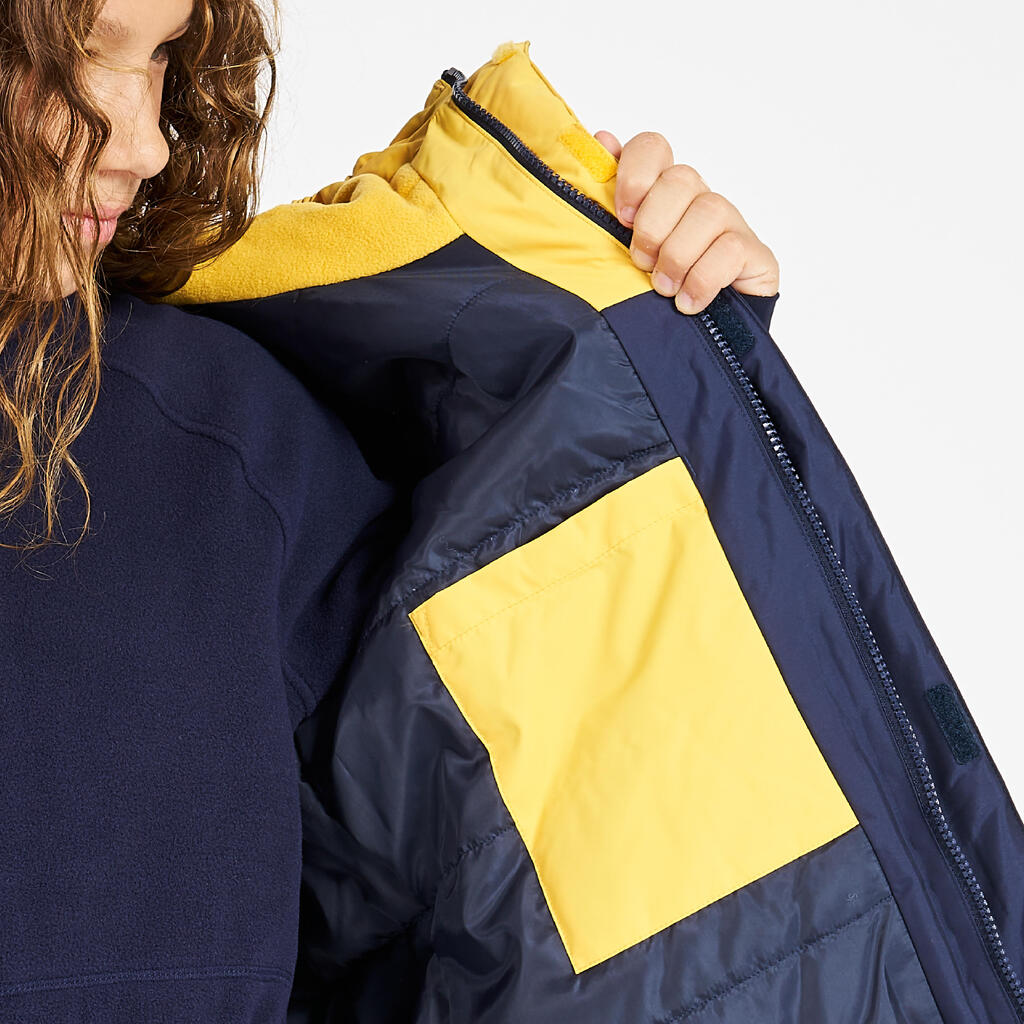 Kids’ sailing jacket, warm and waterproof, sailing 100, navy blue / yellow