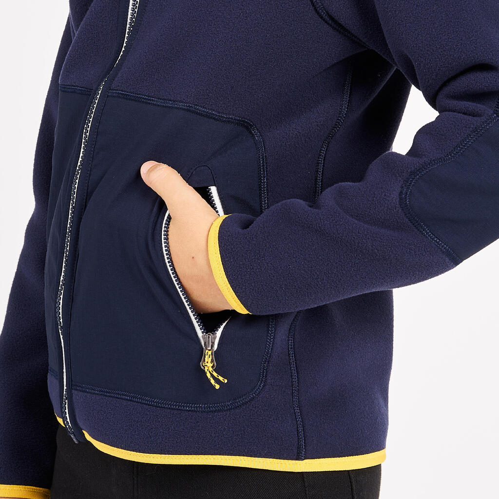 Veste polaire de voile, chaude et réversible, enfant, 500, bleu navy / jaune