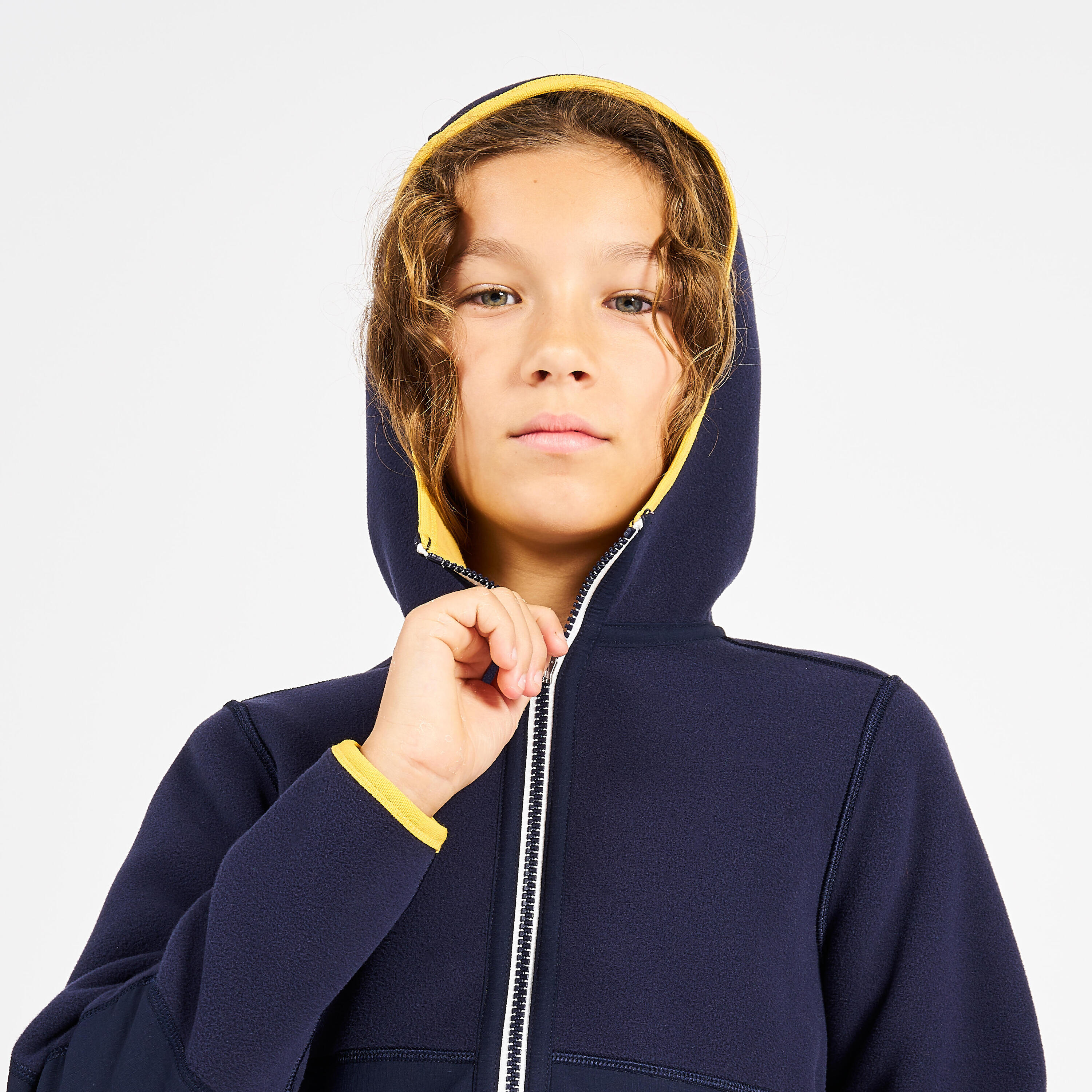 Warme en omkeerbare fleece jas voor zeilen kinderen 500 marineblauw mosterdgeel 5/9
