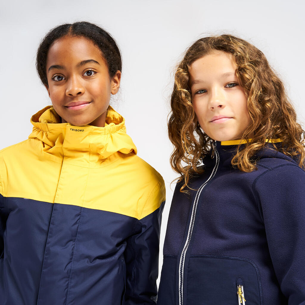 Kids’ Sailing fleece jacket, warm and reversible, 500, navy blue/neon yellow