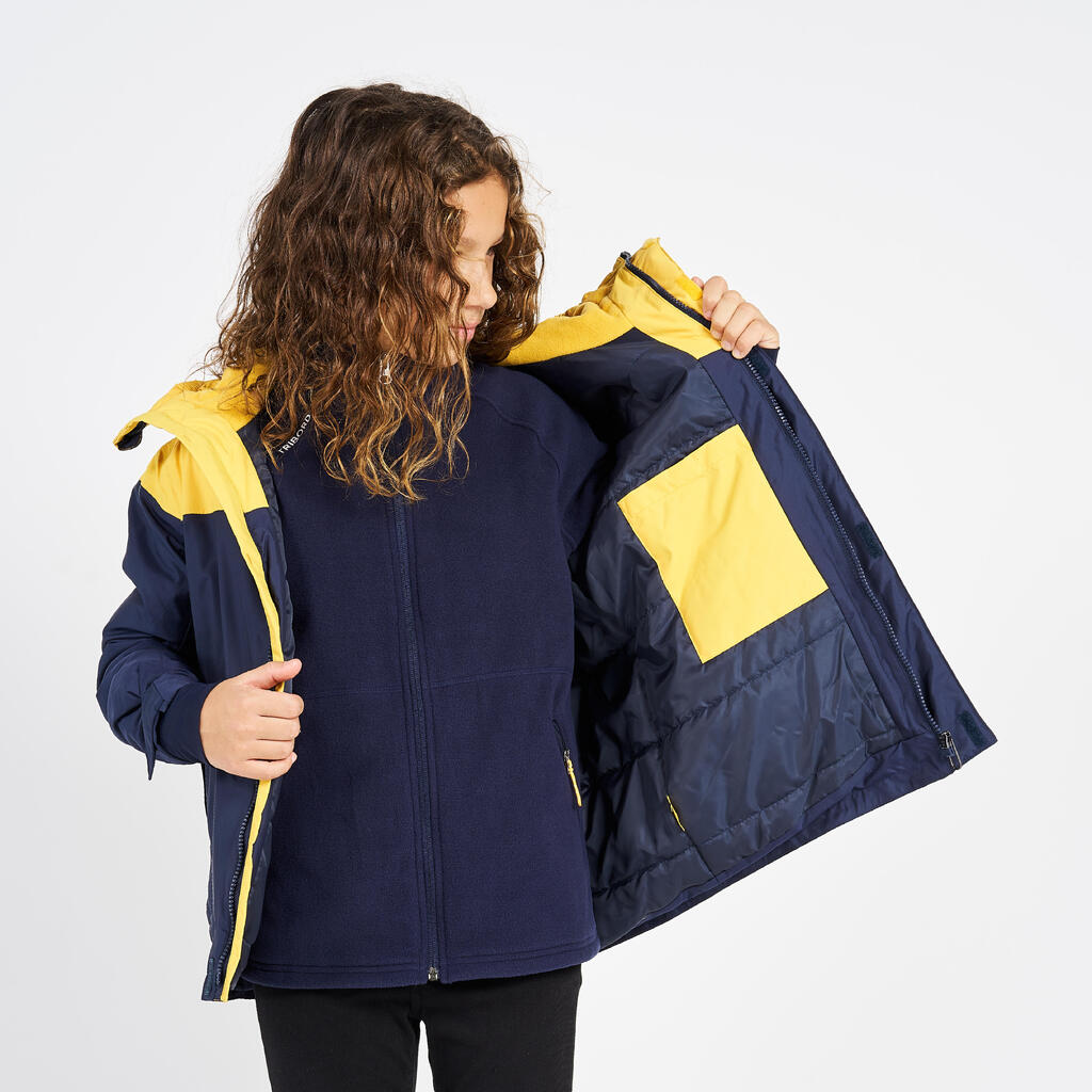 Kids’ sailing jacket, warm and waterproof, sailing 100, navy blue / yellow