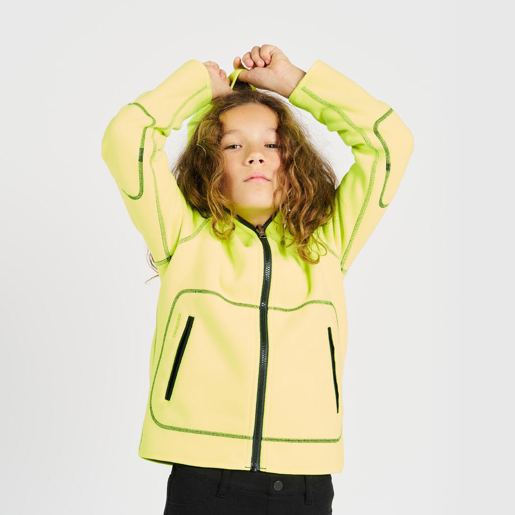 Kids’ Sailing fleece jacket, warm and reversible, 500, grey/neon yellow