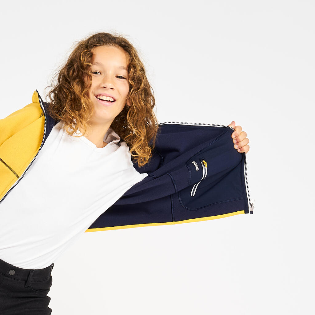 Veste polaire de voile, chaude et réversible, enfant, 500, bleu navy / jaune