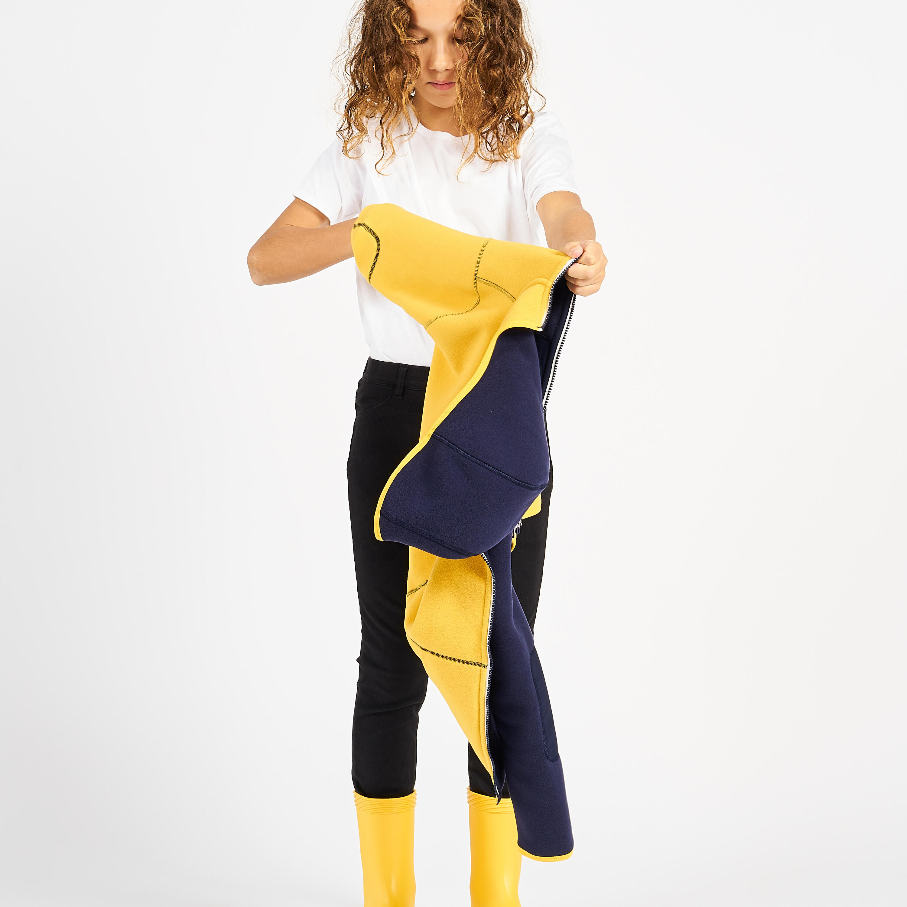 Warme en omkeerbare fleece jas voor zeilen kinderen 500 marineblauw mosterdgeel 7/9