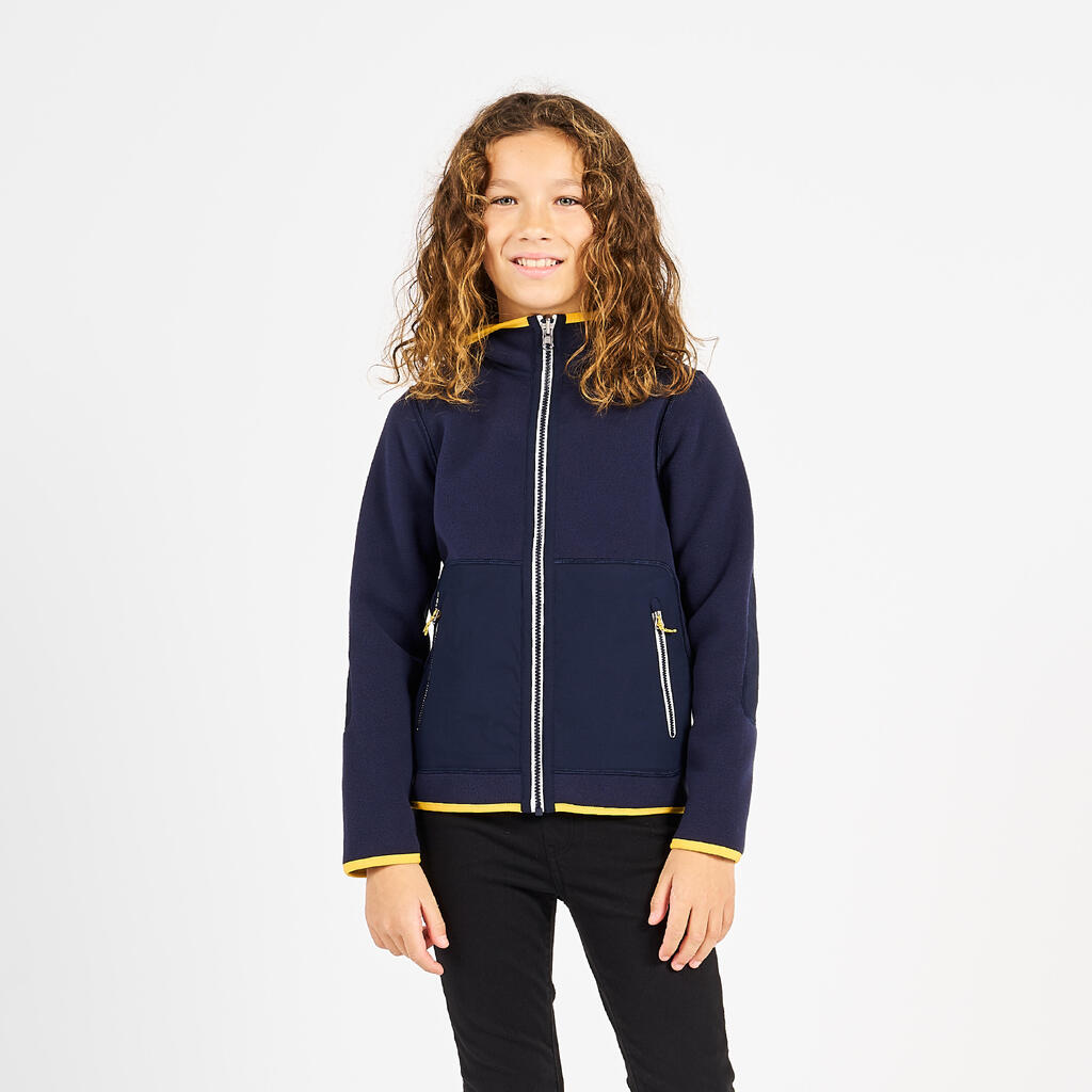 Veste polaire de voile, chaude et réversible, enfant, 500, bleu navy / jaune