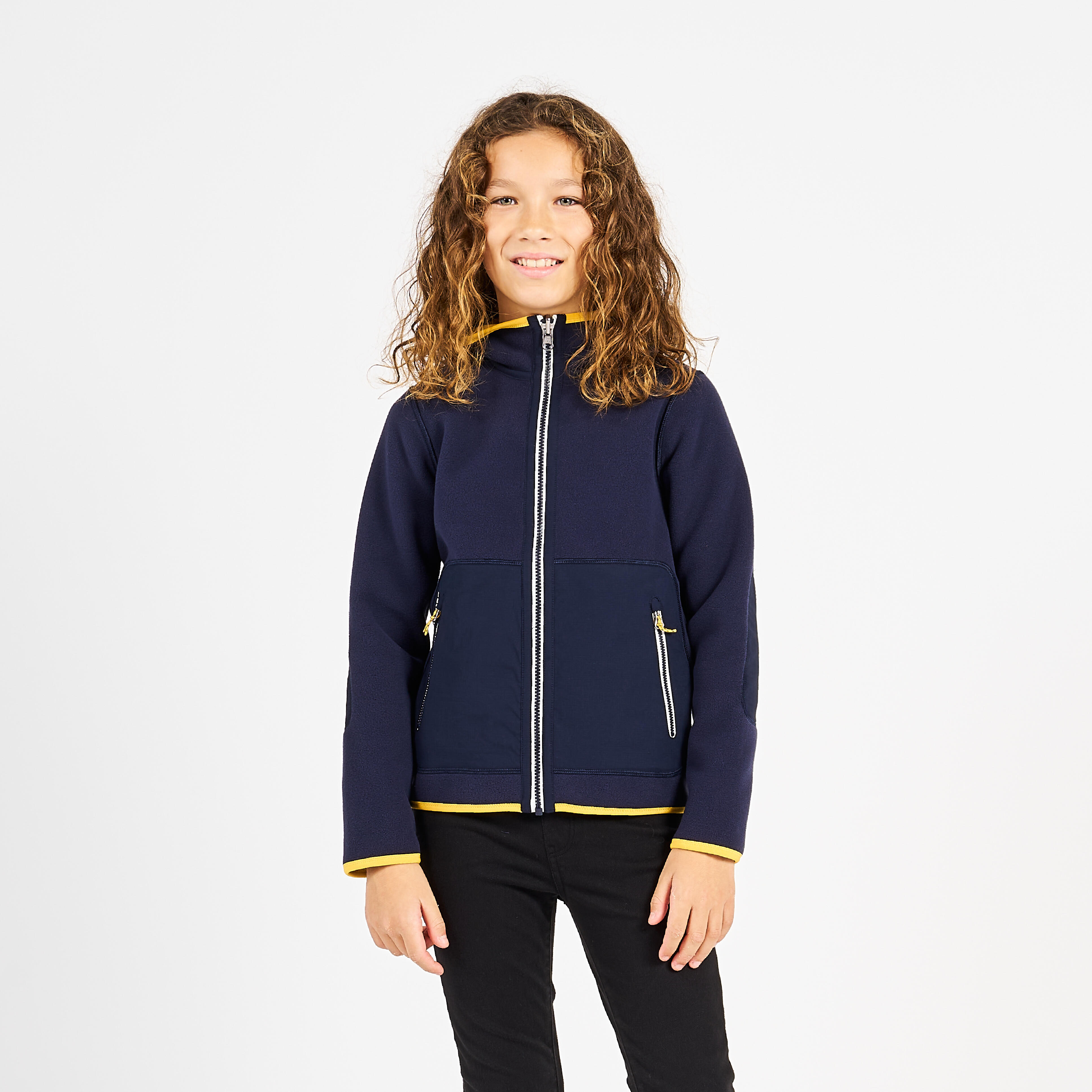 Sailing fleece jacket, warm and reversible, child, 500, navy blue / yellow