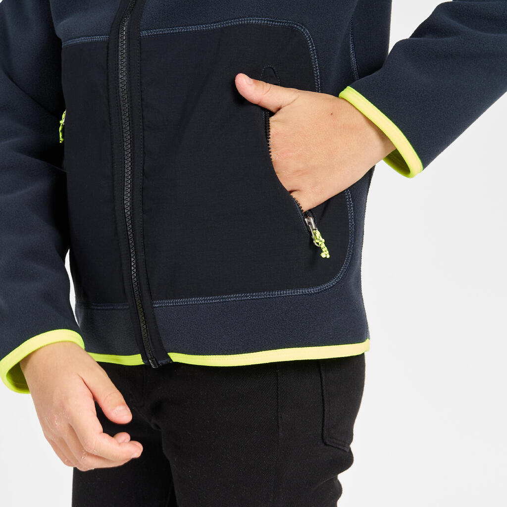 Kids’ Sailing fleece jacket, warm and reversible, 500, navy blue/neon yellow