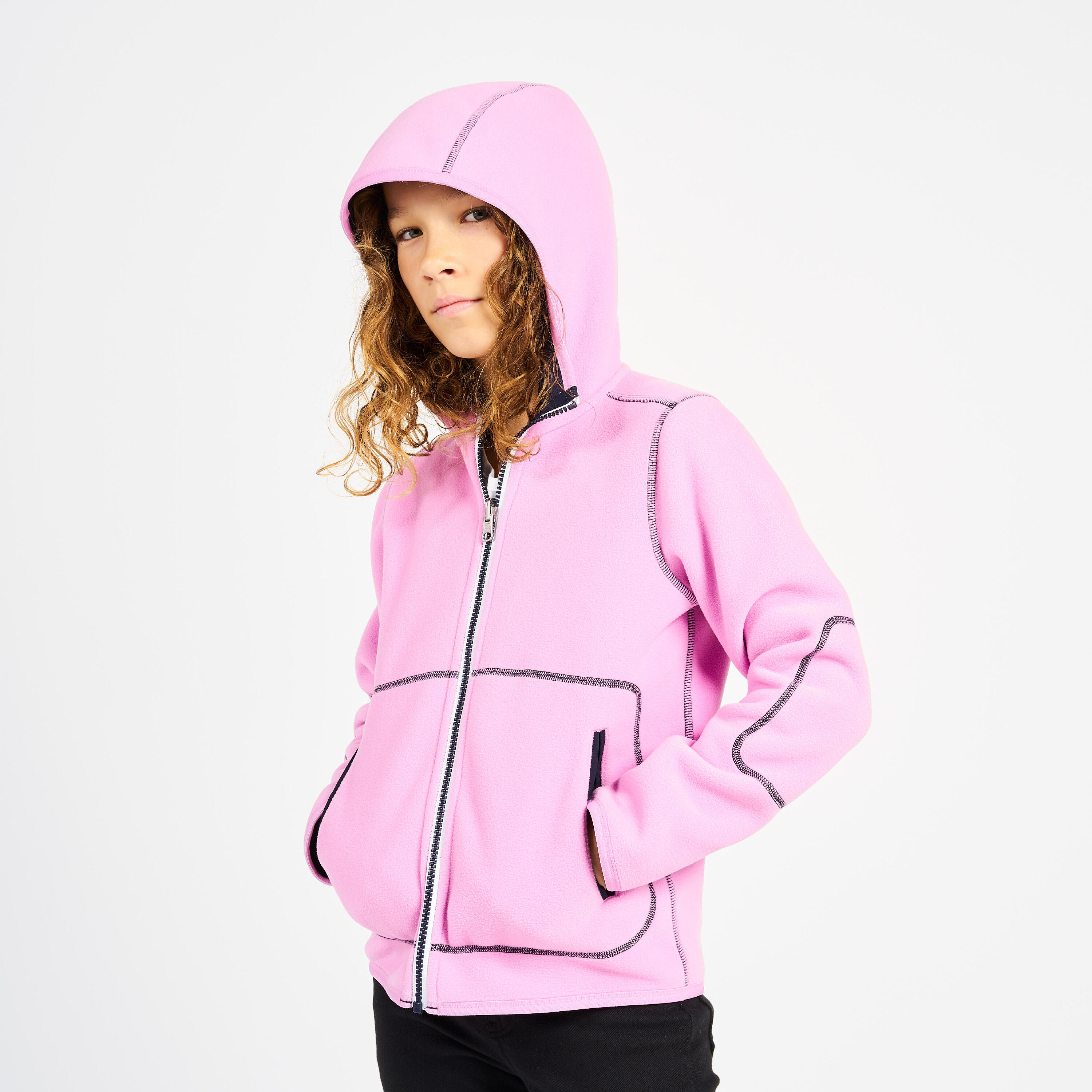 Kids’ sailing fleece jacket, warm and reversible, 500, navy blue/pink 2/8