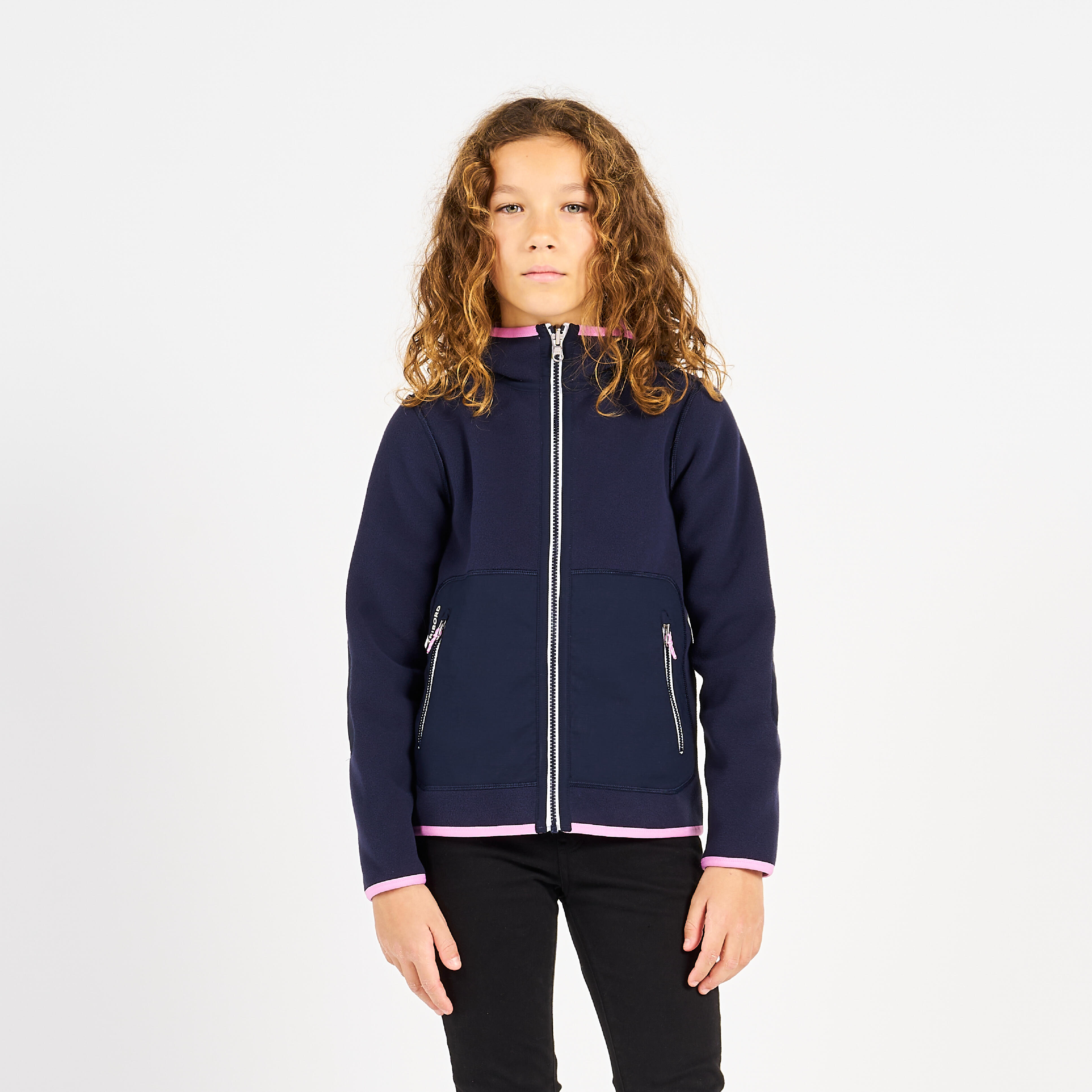 Sailing fleece jacket, warm and reversible, child, 500, navy blue/pink