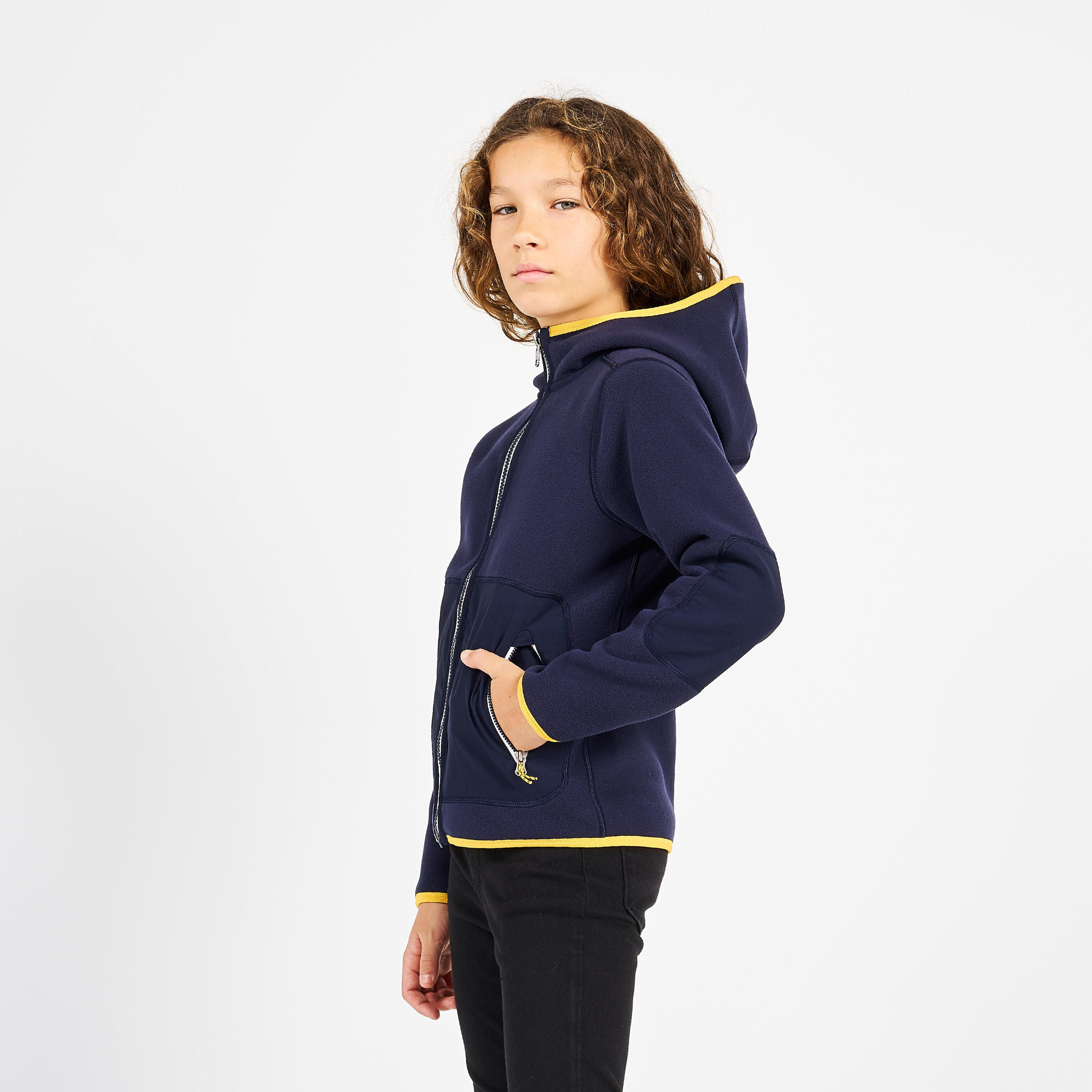 Warme en omkeerbare fleece jas voor zeilen kinderen 500 marineblauw mosterdgeel 3/9