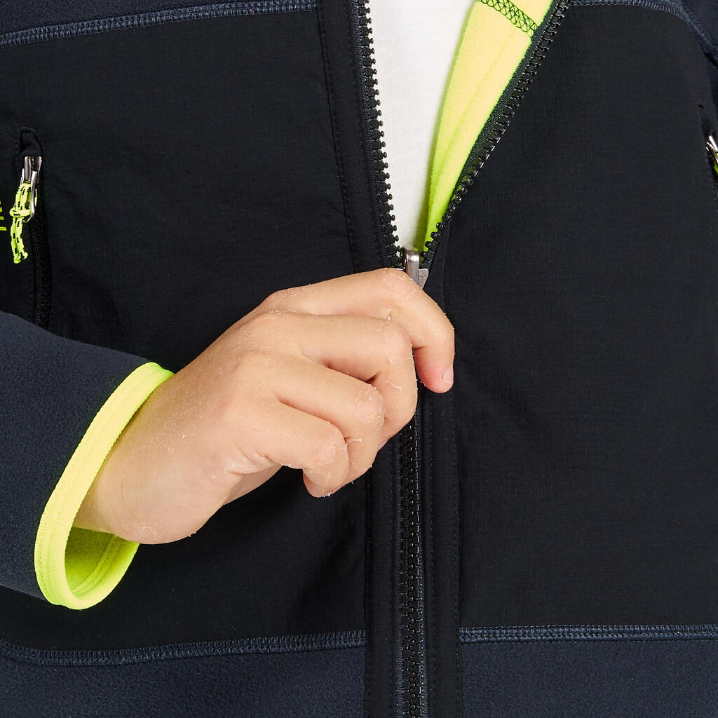 Kids’ Sailing fleece jacket, warm and reversible, 500, grey/neon yellow