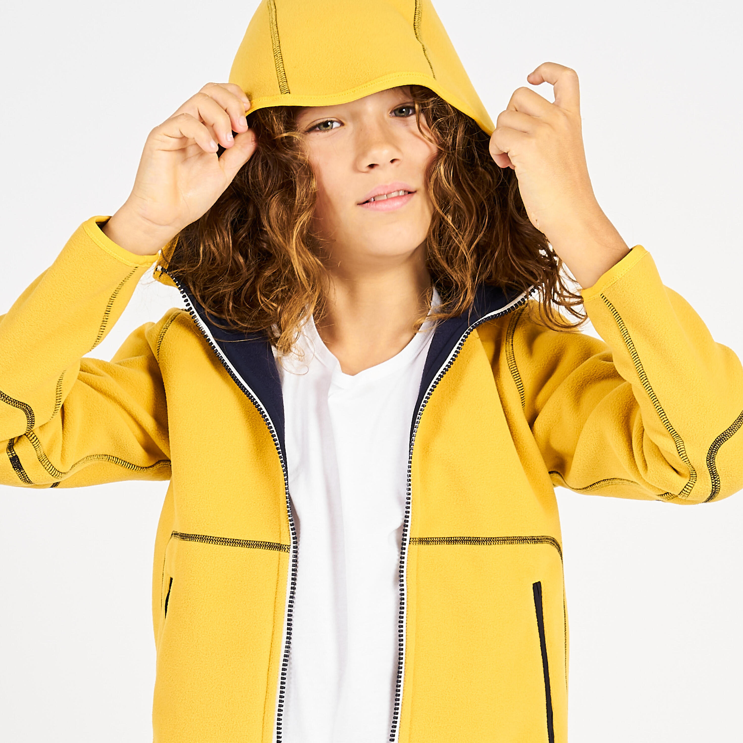 Warme en omkeerbare fleece jas voor zeilen kinderen 500 marineblauw mosterdgeel 8/9