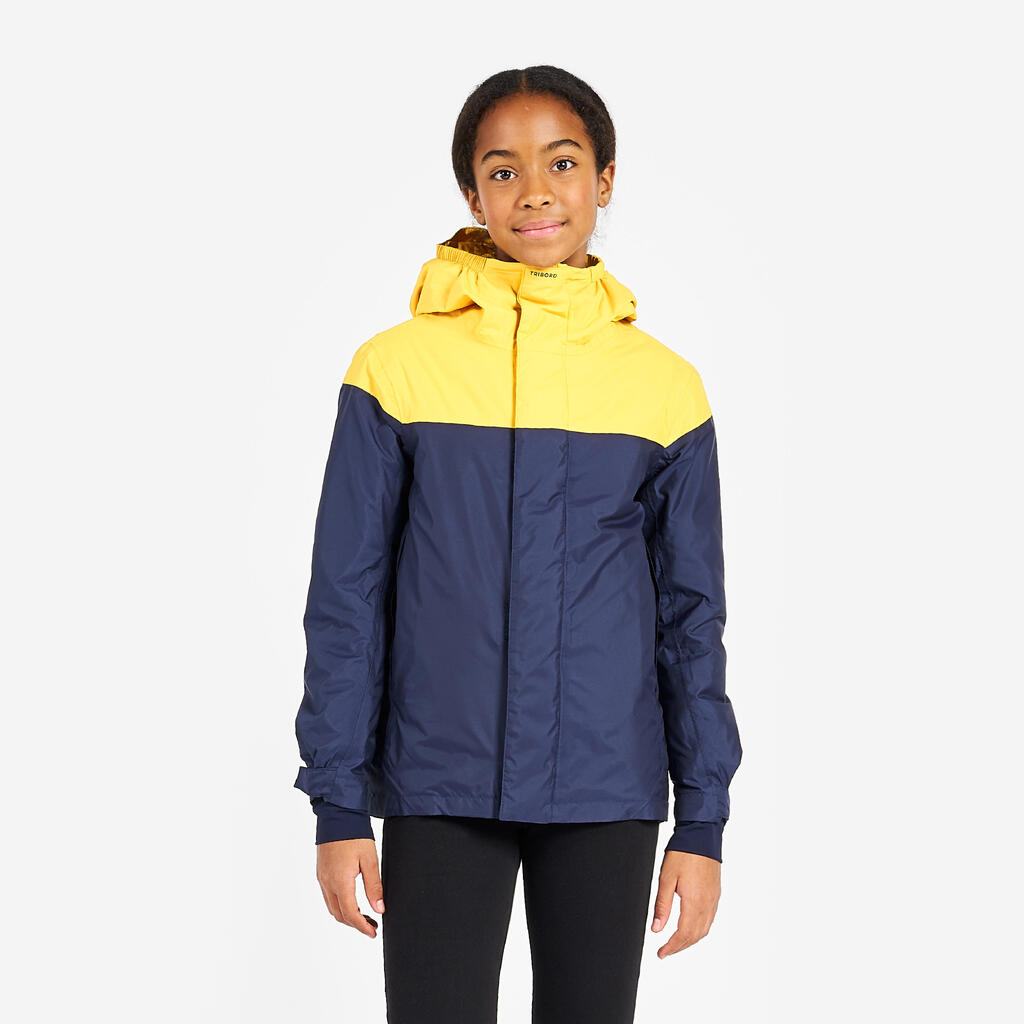 Kids’ sailing jacket, warm and waterproof, sailing 100, navy blue / yellow