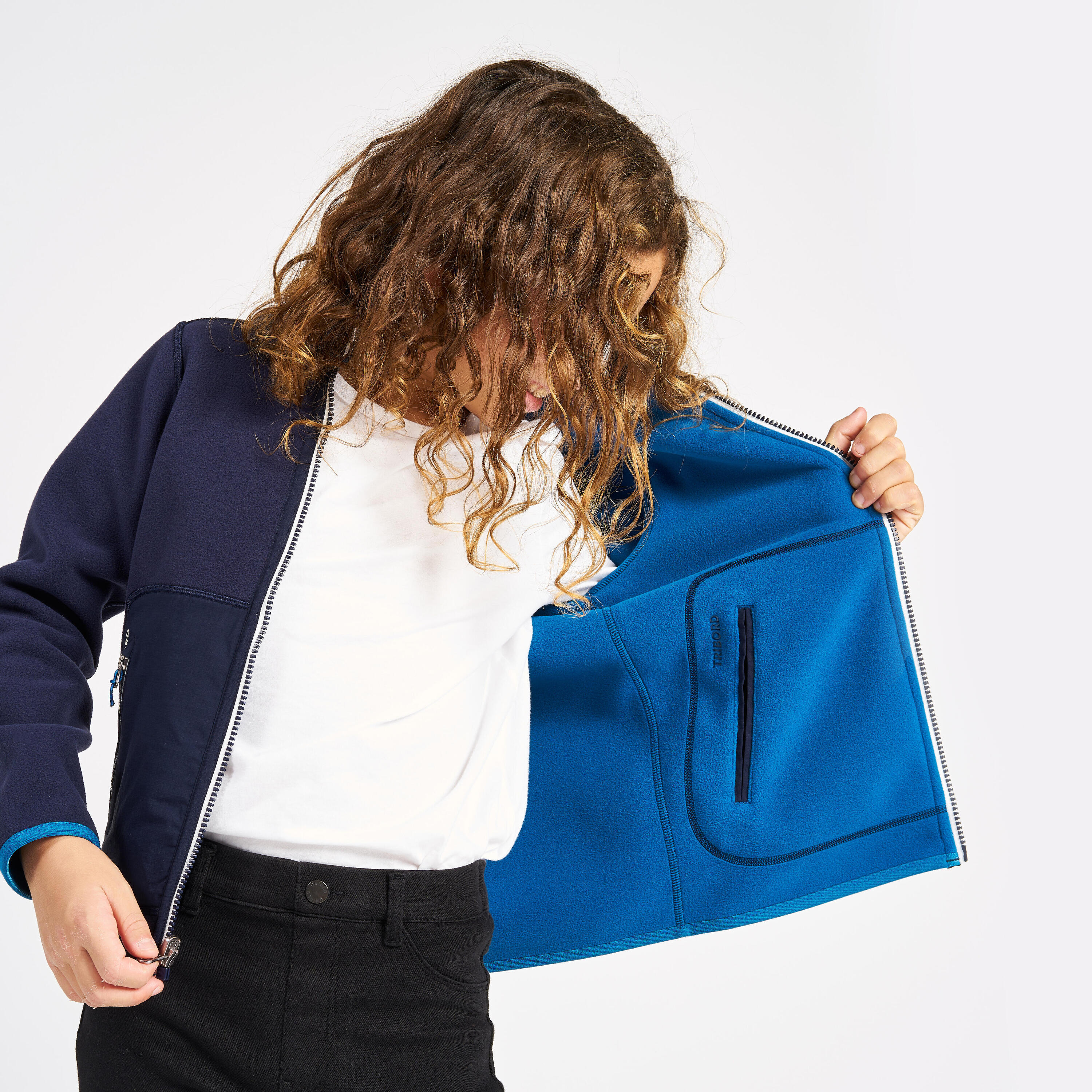 Kids’ fleece sailing jacket, warm and reversible, 500, navy blue / blue 2/9
