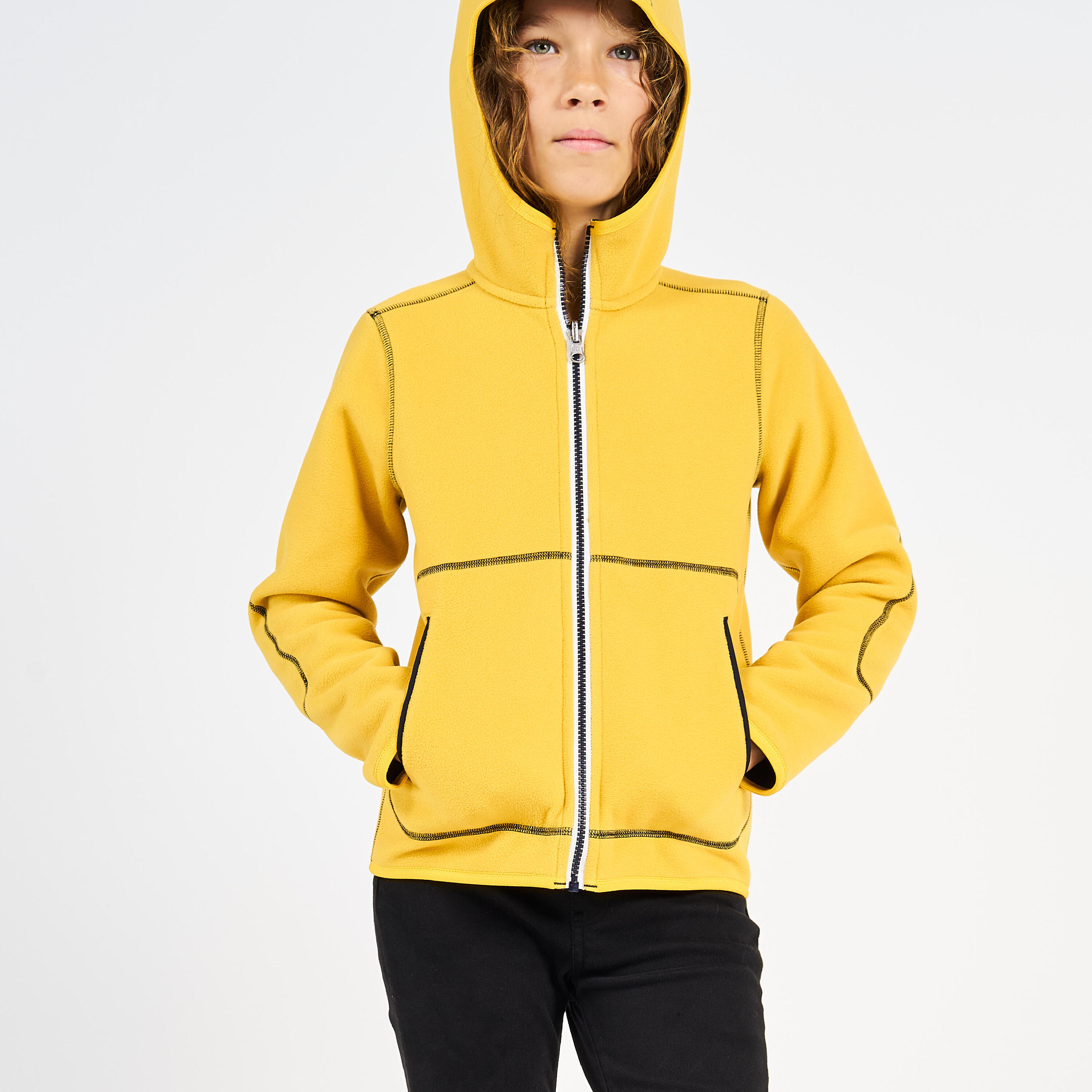 Warme en omkeerbare fleece jas voor zeilen kinderen 500 marineblauw mosterdgeel 2/9
