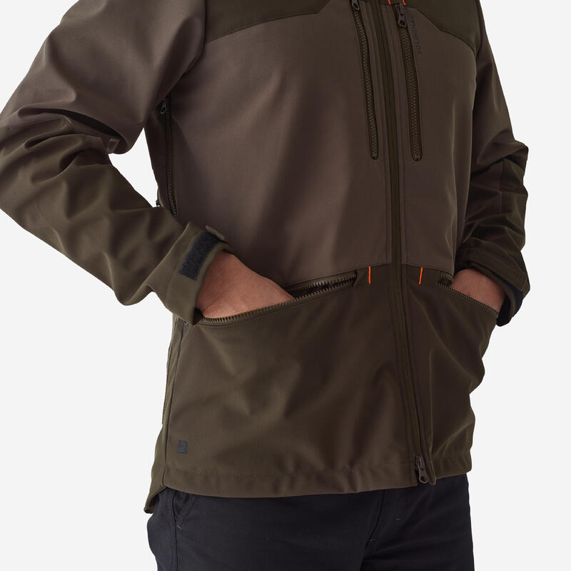 Chaqueta Caza Solognac 500 Softshell Hombre Cortaviento Perlante Marrón