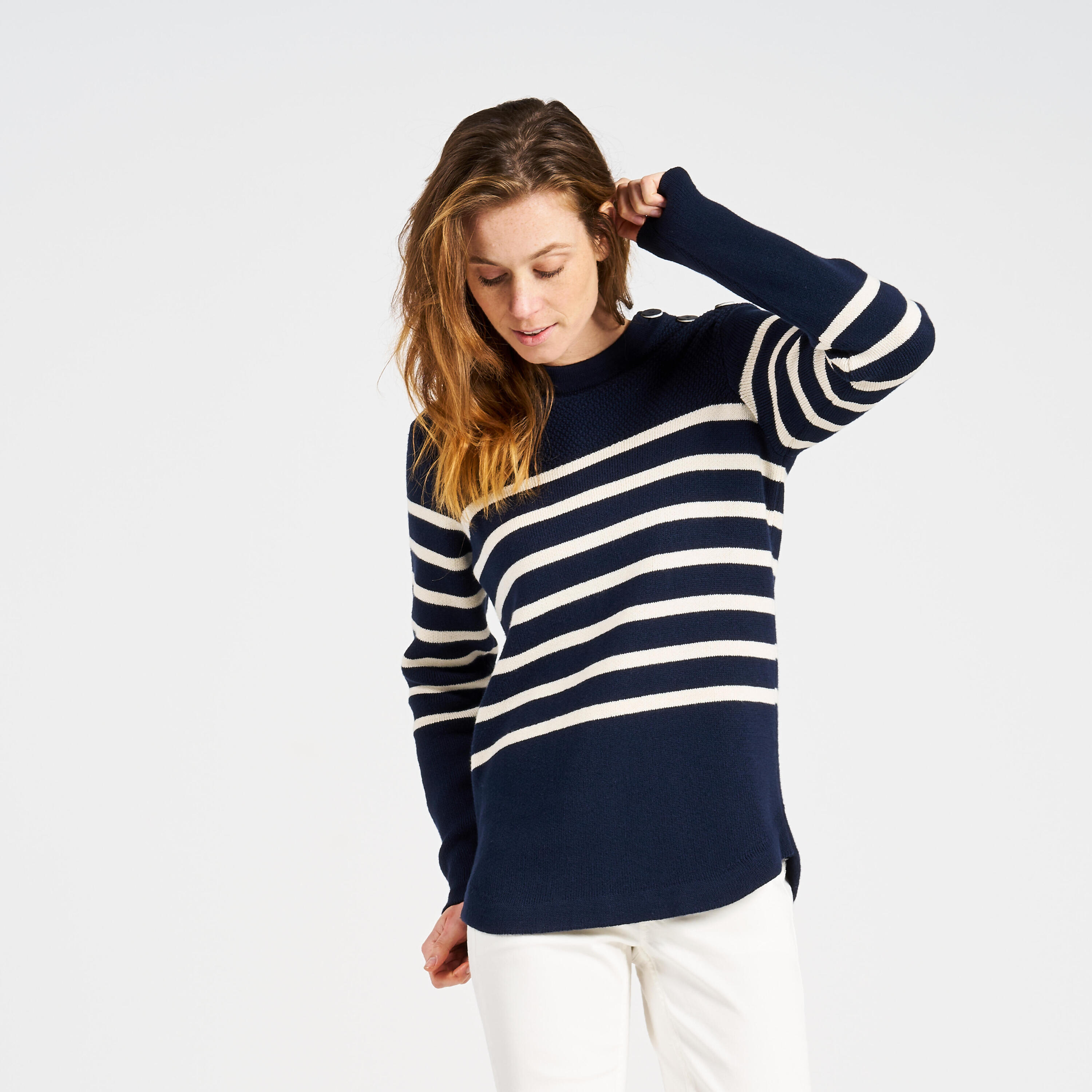 Women’s knitted sailing pullover - 100 navy blue with beige stripes 2/11