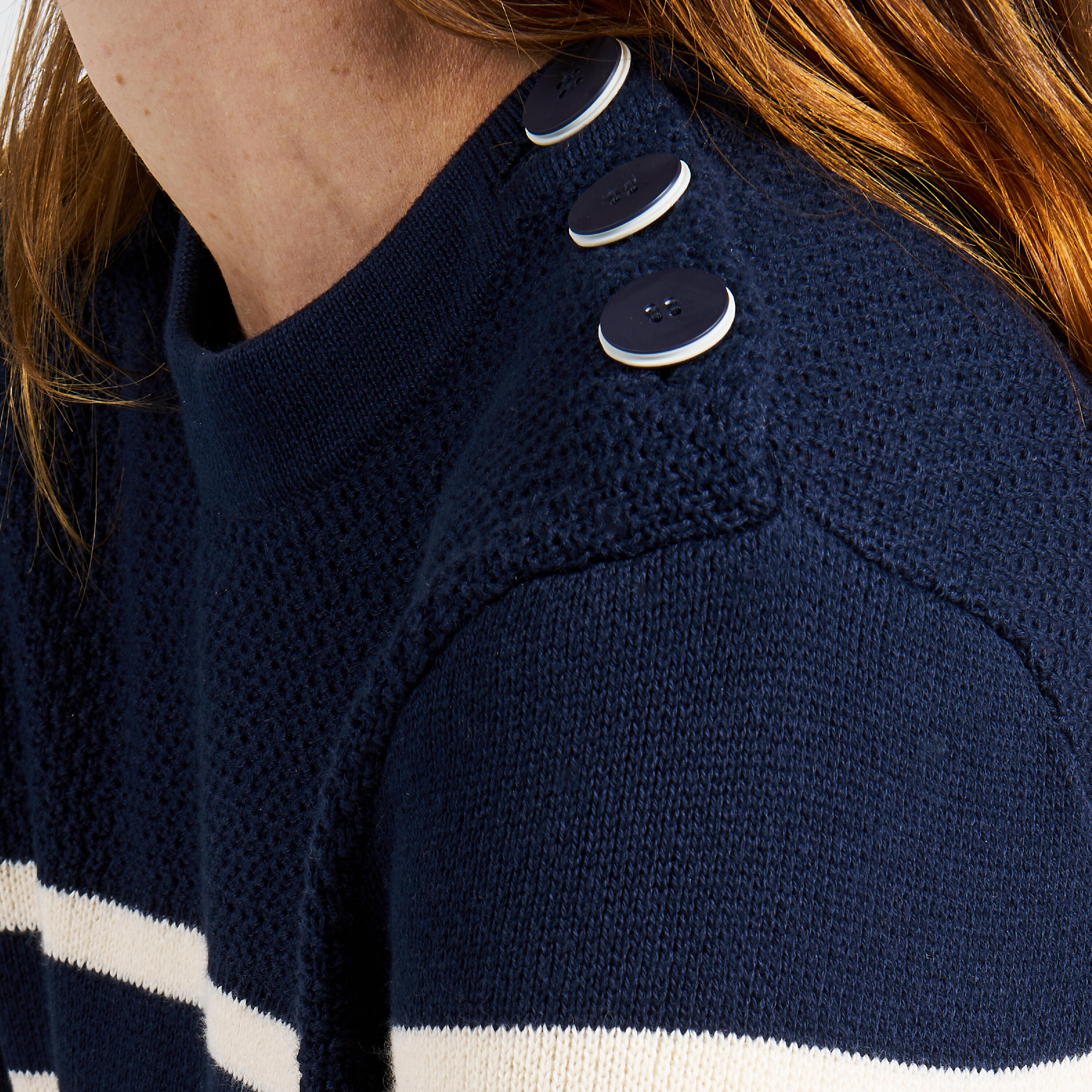 Women’s knitted sailing pullover - 100 navy blue with beige stripes 10/11