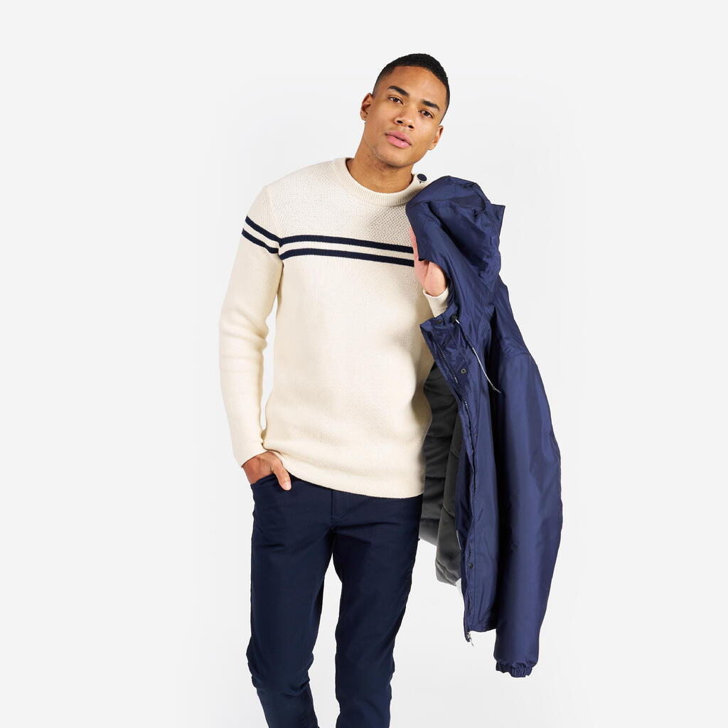Pull marin tricoté homme, 100 beige rayé bleu navy