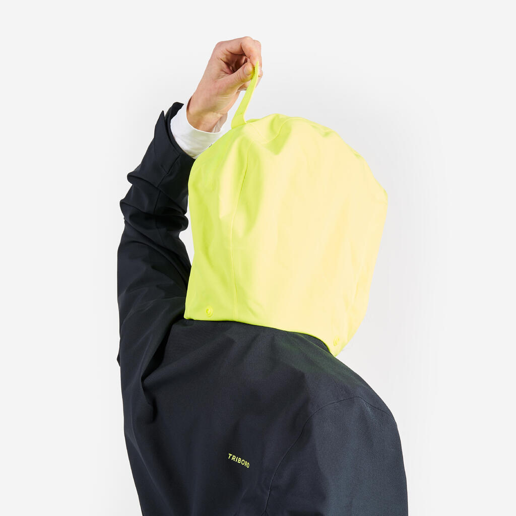 Dámska nepremokavá vetruvzdorná bunda Sailing 300 tmavosivá so žltou kapucňou