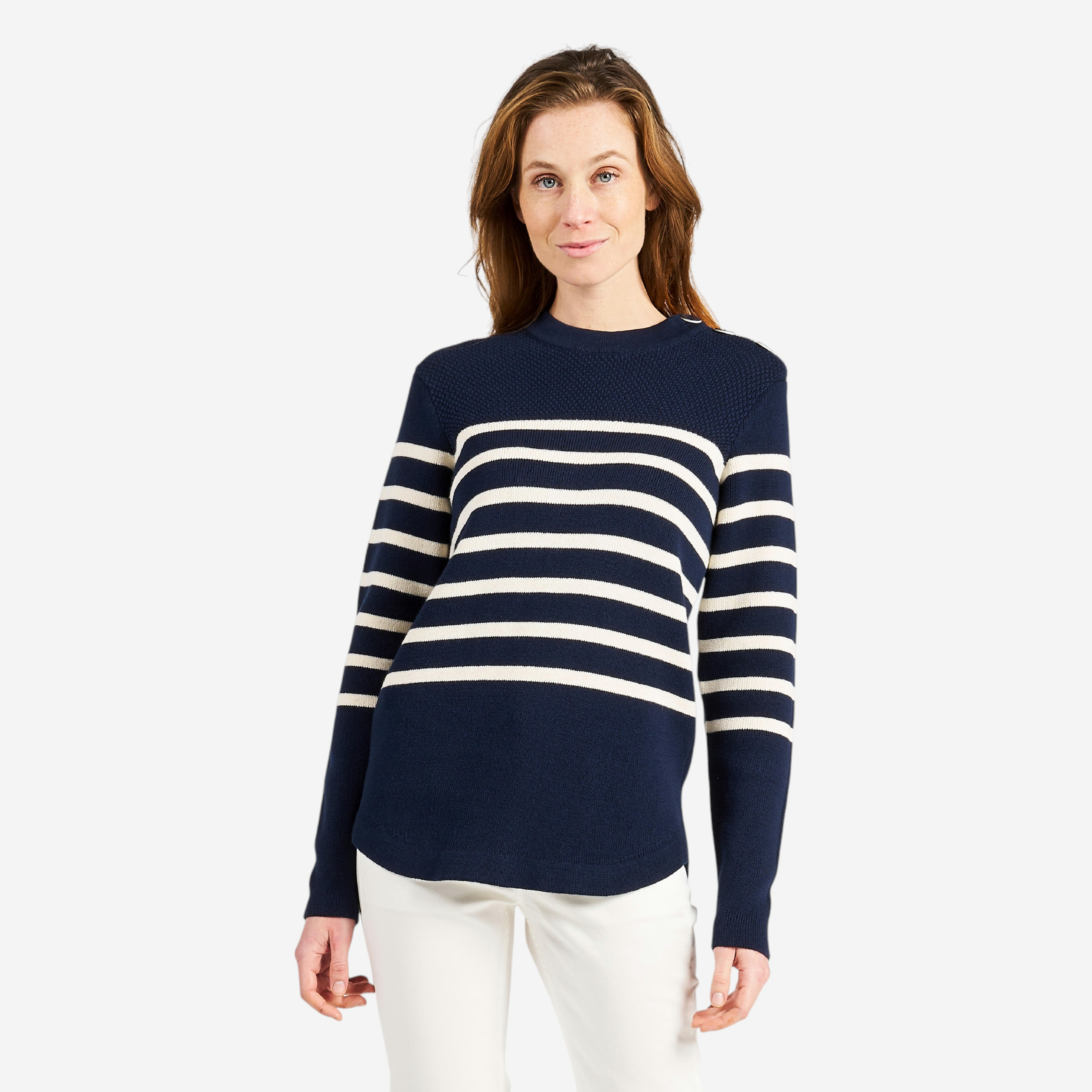 Pull marin tricoté femme - 100 navy rayé beige - Voile, Bateau - Tribord- Clubs - Entreprises - Collectivités - Associations