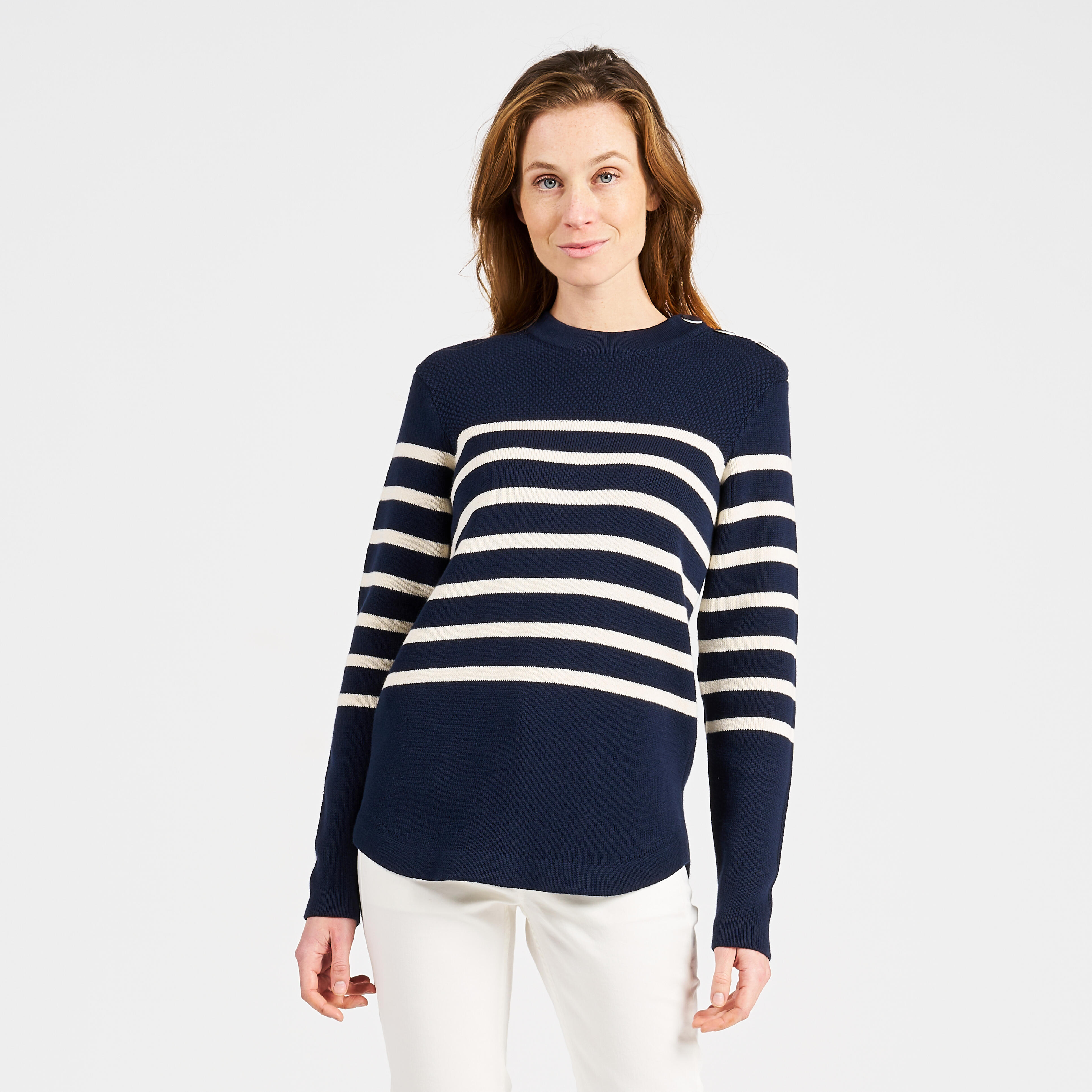 Maglione da donna in maglia blu navy, 100 blu navy a righe beige