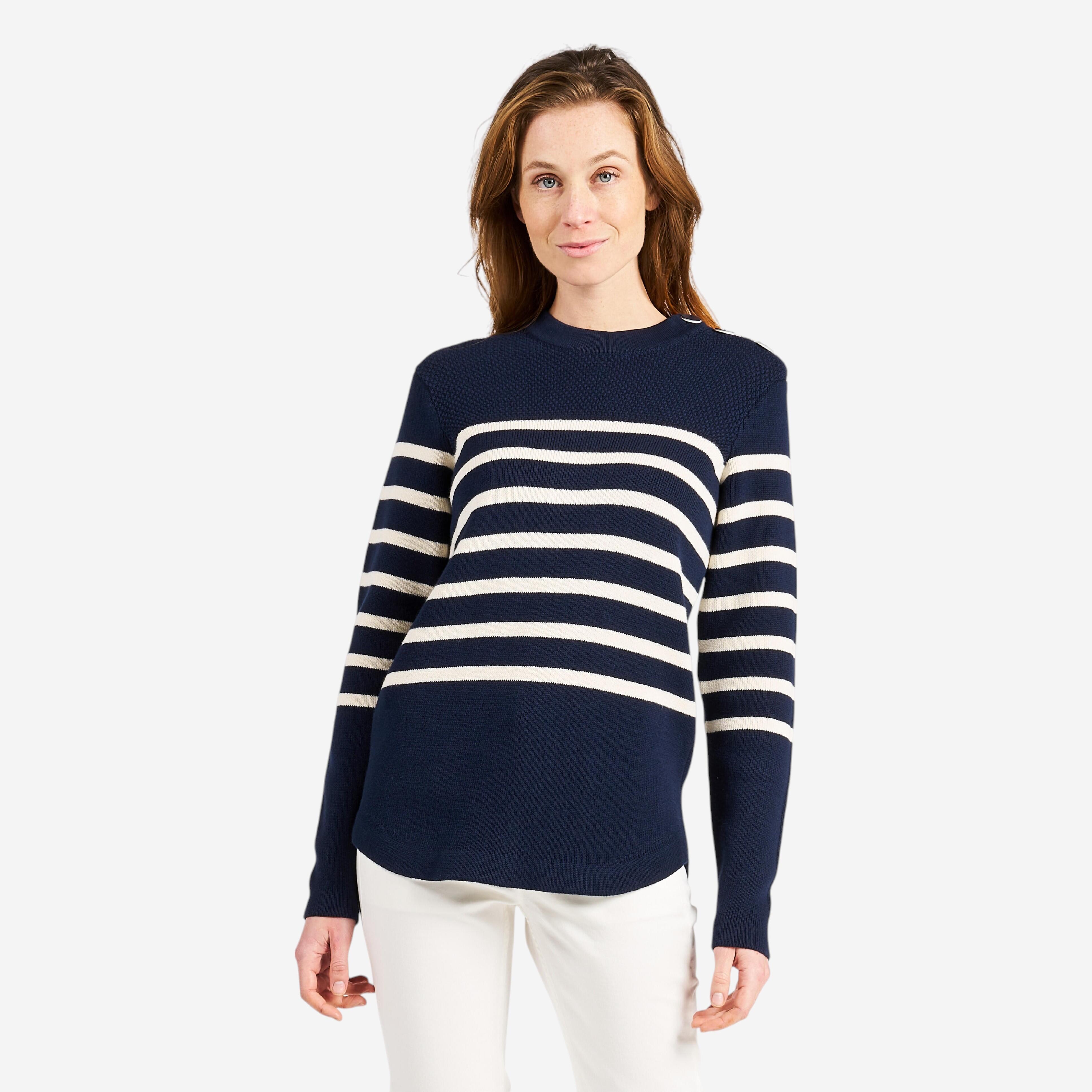 Jersey Nautico Sailing 100 Mujer Beis Rayas Azul Marino Decathlon