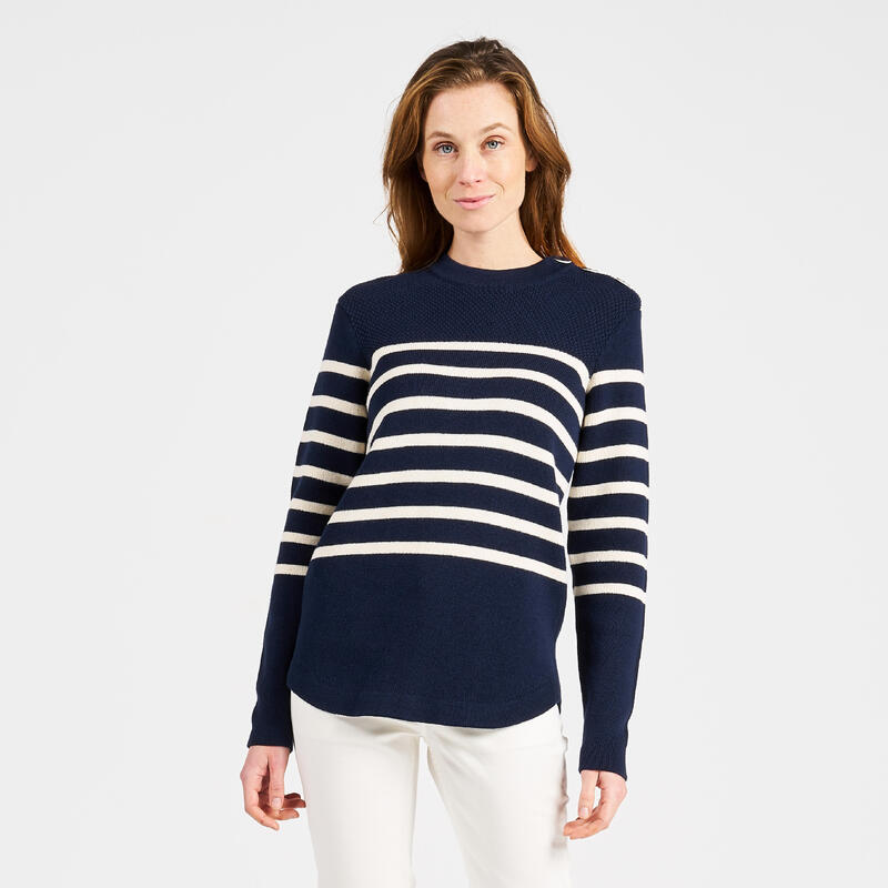 Pull marin tricoté femme, 100 bleu navy rayé beige