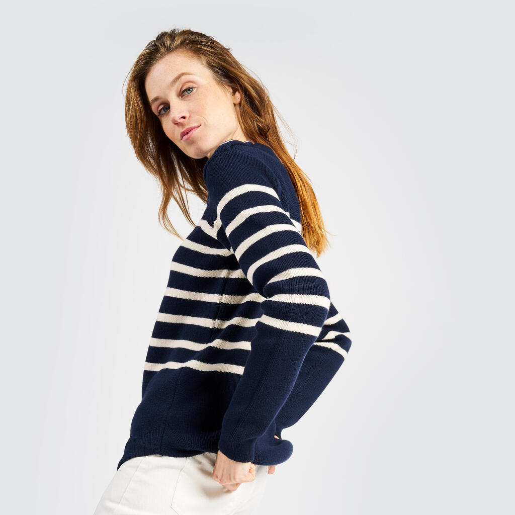 Women’s knitted sailing pullover - 100 navy blue with beige stripes
